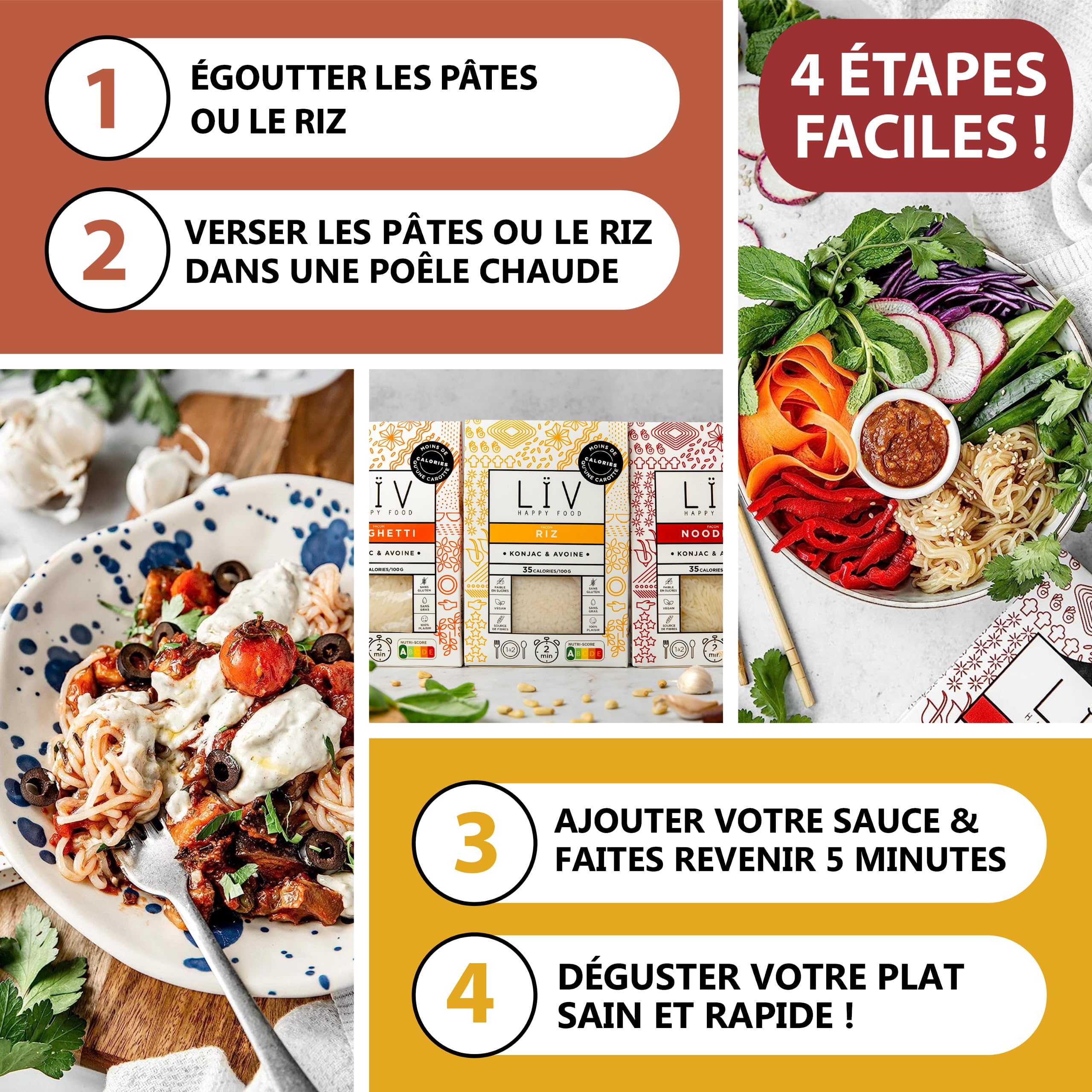 LÏV Happy Food - Trio Nouilles de Konjac, Spaghetti & Riz, 6x200g, Premium