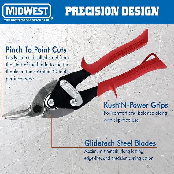 MIDWEST Aviation Snip, Left Cut Regular Tinner Shears - MWT-6716L | Made in USA, Left Cut Standard Aviation Snips, Glidetech Forged Blades, Pinch-Thru-Point Cuts, Kush'N-Power Grips