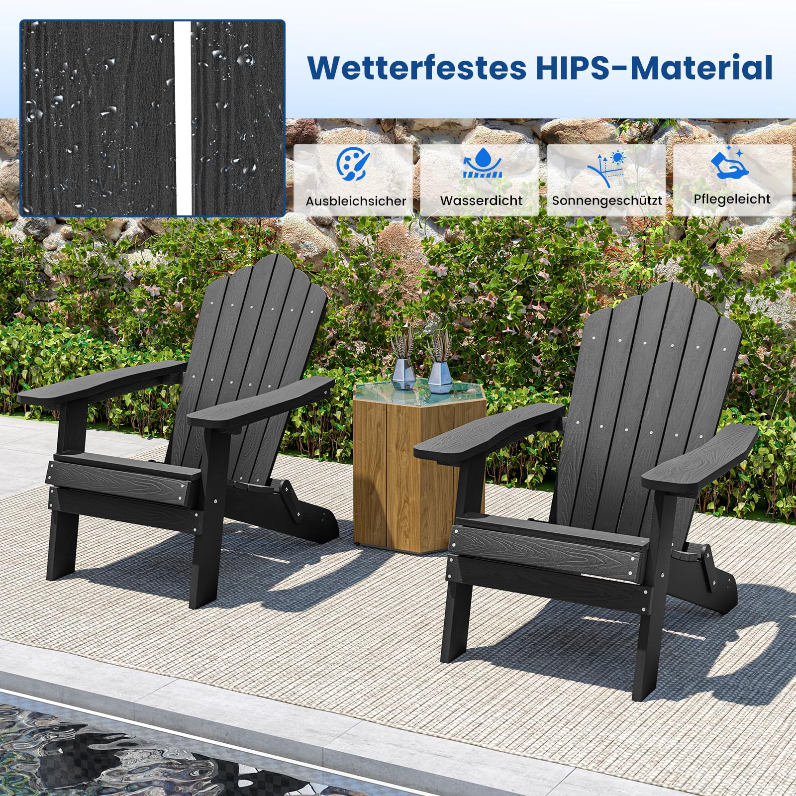 Plastic Adirondack stoel, set van 2, weerbestendig, draagbaar, opvouwbare vuurkorfstoel, Adirondack terrasstoel voor buiten met bekerhouder, met ontspannende armleuningen, ergonomisch, voor tuin, achtertuin - zwart | NL