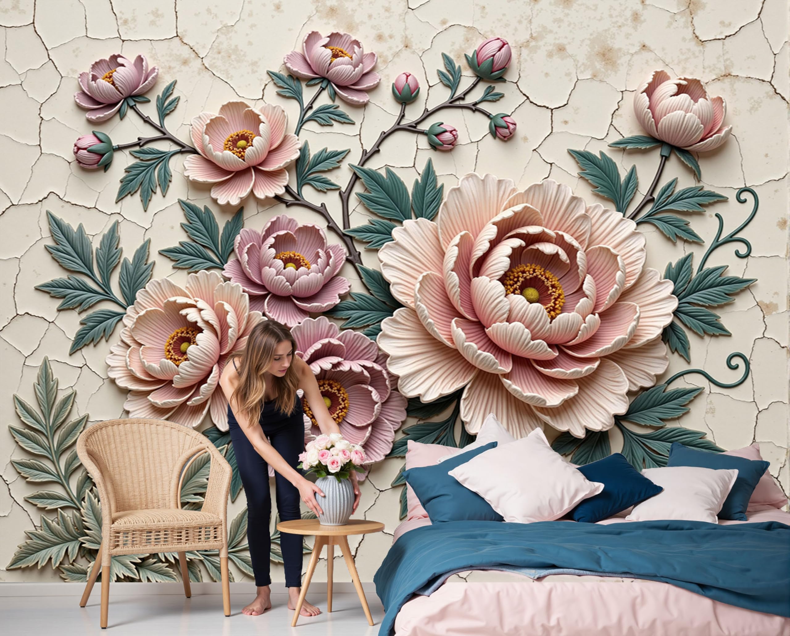 Papier peint pivoine rococo en relief 3D effet craquelé végétal