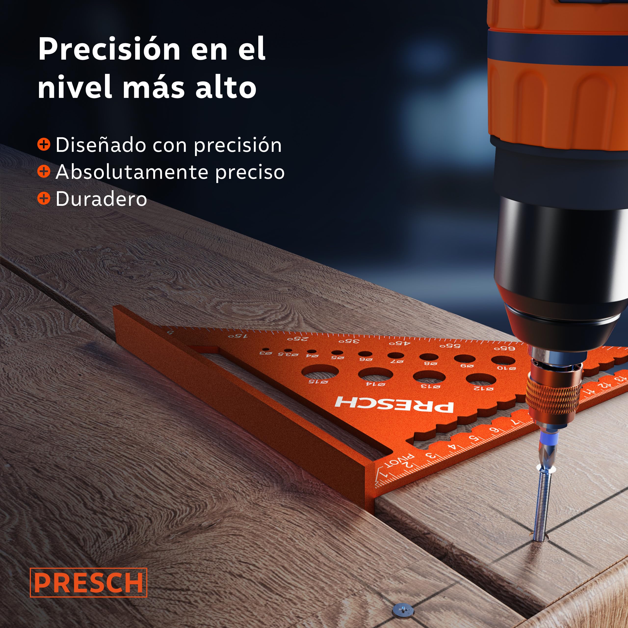 Presch Set de Escuadras Carpintero - 180mm & 300mm - Innovadora superficie de notas borrable | Calibre para brocas inteligente - Aluminio fresado de alta precisión para ángulos de 90° precisos