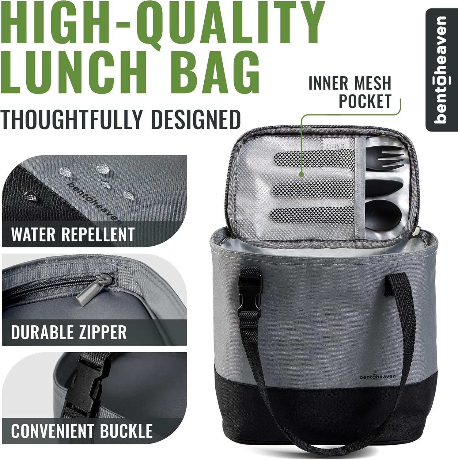 Bentoheaven Insulated Lunch Tote for Work - Durable Materials, Variable Strap/Handle, Wide Opening - Cooler Lunch Bag for Women & Men - Fits all major Bento Lunch Boxes and Other Containers (Gray) - Image 3