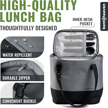 Bentoheaven Insulated Lunch Tote for Work - Durable Materials, Variable Strap/Handle, Wide Opening - Cooler Lunch Bag for Women & Men - Fits all major Bento Lunch Boxes and Other Containers (Gray)