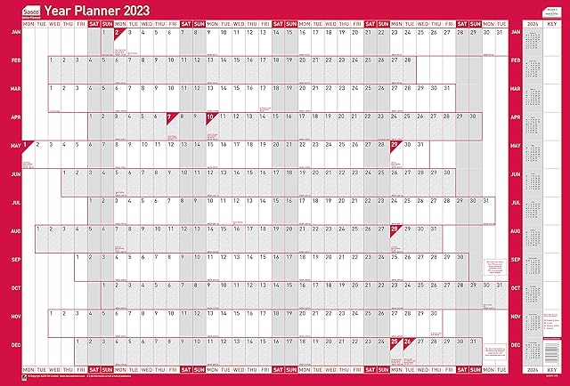Sasco 2023 Original Year Wall Planner with wet wipe pen & sticker pack, Red, Poster Style, 915mmW x 610mmH. 2410191