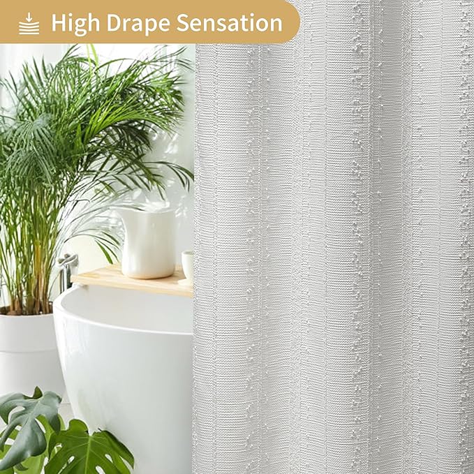 White Shower Curtain Boho, Textured Shower Curtain Cotton Blend Waffle Weave Stripe Fabric Shower Curtains for Bathroom, Hotel, Washable, 72 x 72