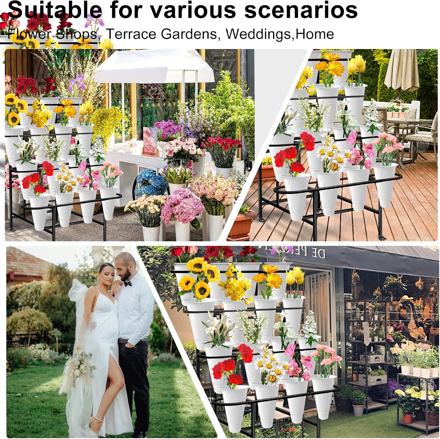 Flower Display Stand with 16PCS Buckets, 4 Layers Flower Cart Display Stand with Wheels Heavy Duty Metal Flower Bar Stand for Florist Shop, Patio Garden and Living Room - Black