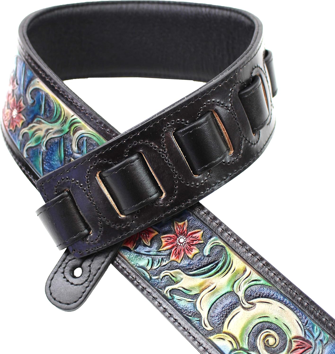 Walker & Williams LHR-12 Premium Royal Blue Hand Carved Leather Strap With Sumi-E Wave Scene & Red Cherry Blossoms For Acoustic, Electric, And Bass Guitars