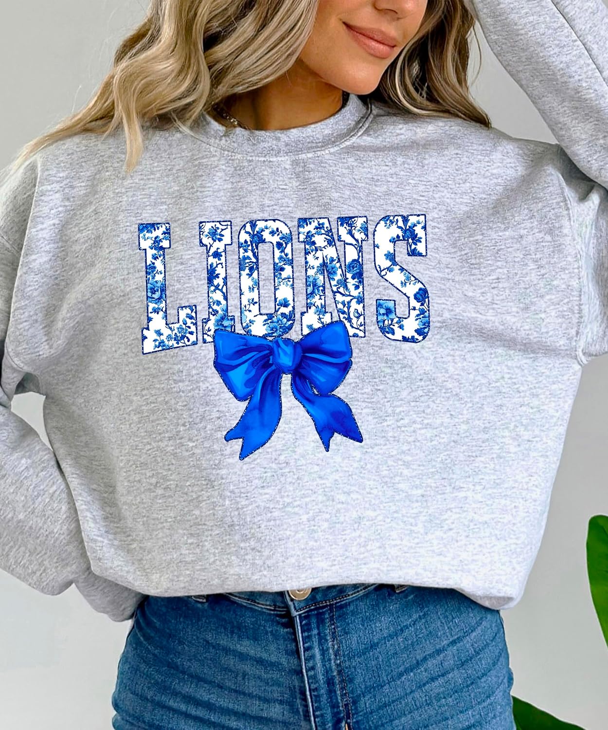 Olive Loves Apple Floral Lions Team Sweatshirt for Women, Teens & Kids Blue Coquette Bow Sports Team Sweater