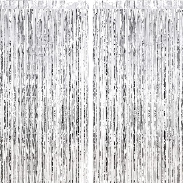 CHRORINE 2pcs 1m x 2.5m Silver Tinsel Foil Fringe Curtains Streamers Backdrop for Birthday Graduation Engagement Bridal Shower Bachelorette Baby Shower Holiday Party Decorations