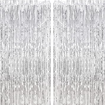 CHRORINE 2pcs 3ft x 8.3ft Silver Tinsel Foil Fringe Curtains Streamers Backdrop for Birthday Graduation Engagement Bridal Shower Bachelorette Baby Shower Holiday Party Decorations