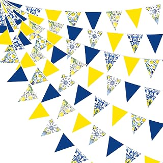 32Ft Capri Lemon Party Decorations Blue Tiles Yellow Lemon Fabric Pennant Banner Triangle Flag Garland Streamer for Amalfi Coast Capri Yellow Blue Tiles Mediterranean Birthday Decor Supplies