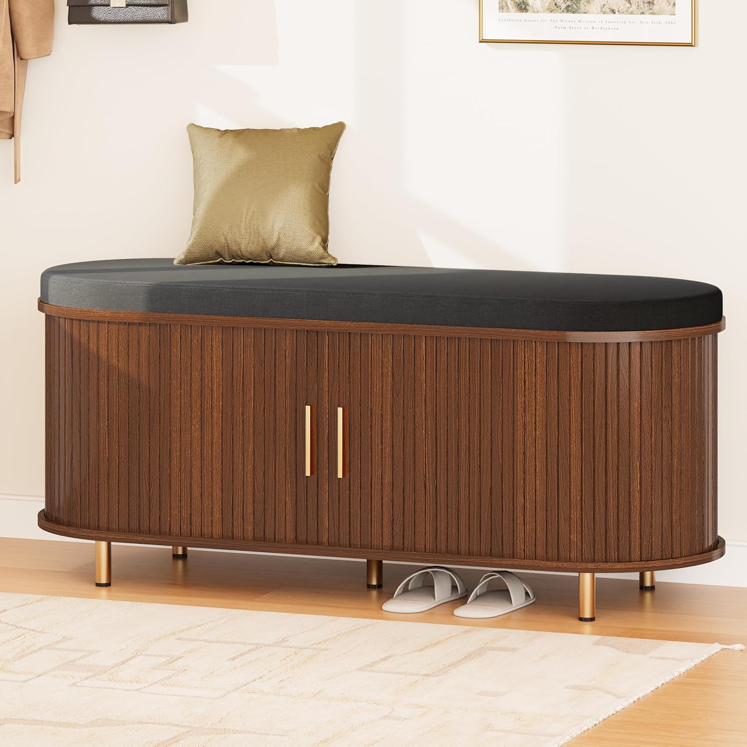 DHH 2-Tier Storage Bench,Wide Shoe Bench with Thickened Padded Seat Cushion, Mid Century Modern Fluted Sliding Door and Adjustable Shelf, for Entryway, Living Room, Bedroom (Walnut, 43.3“)