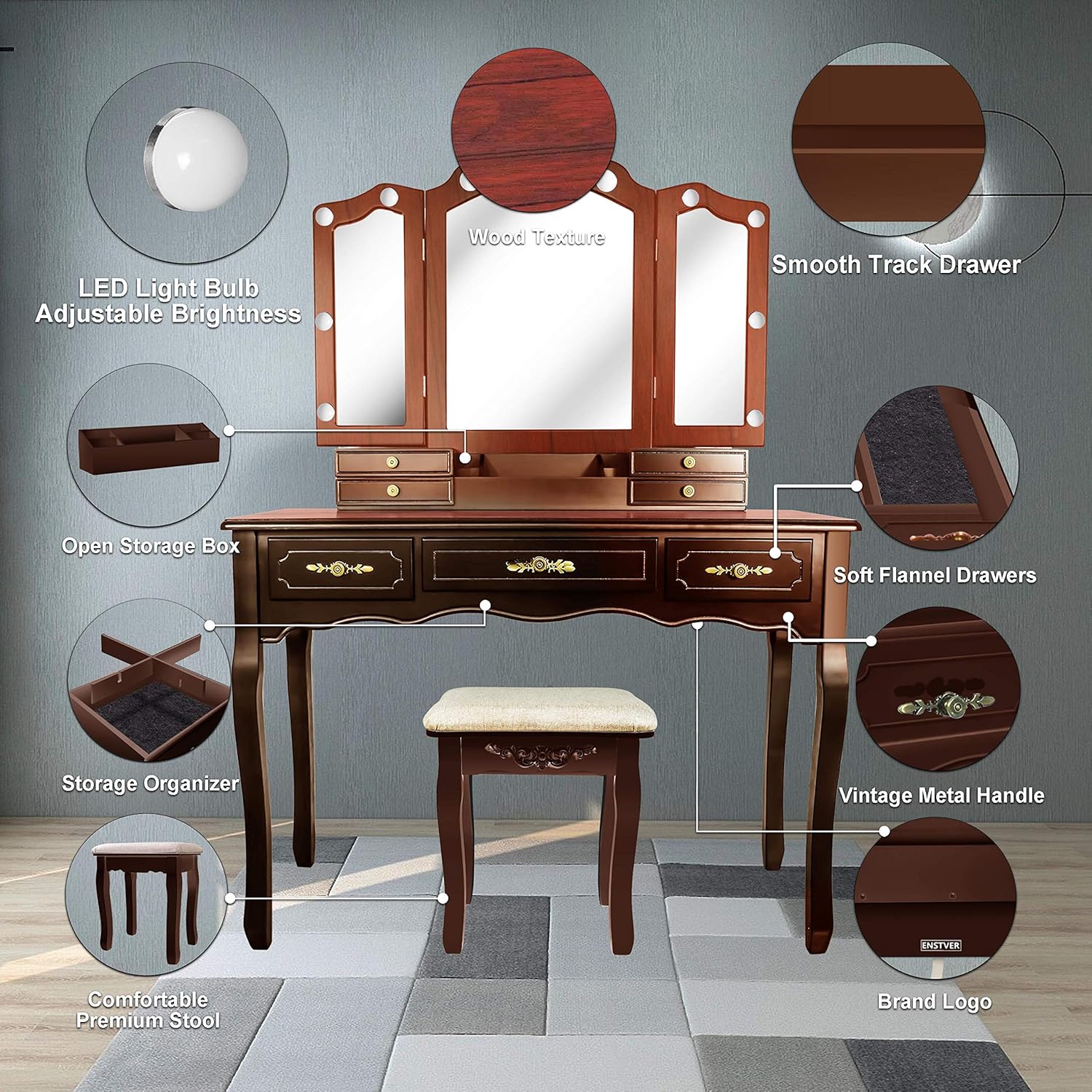 ENSTVER Vintage Vanity Set with 10 Hollywood LED Light Bulbs, Makeup Table with Stool and Mirror, Antique Vanity 6 Organization 7 Drawers, Dressing Table for Bedroom, Victorian Vanity Brown