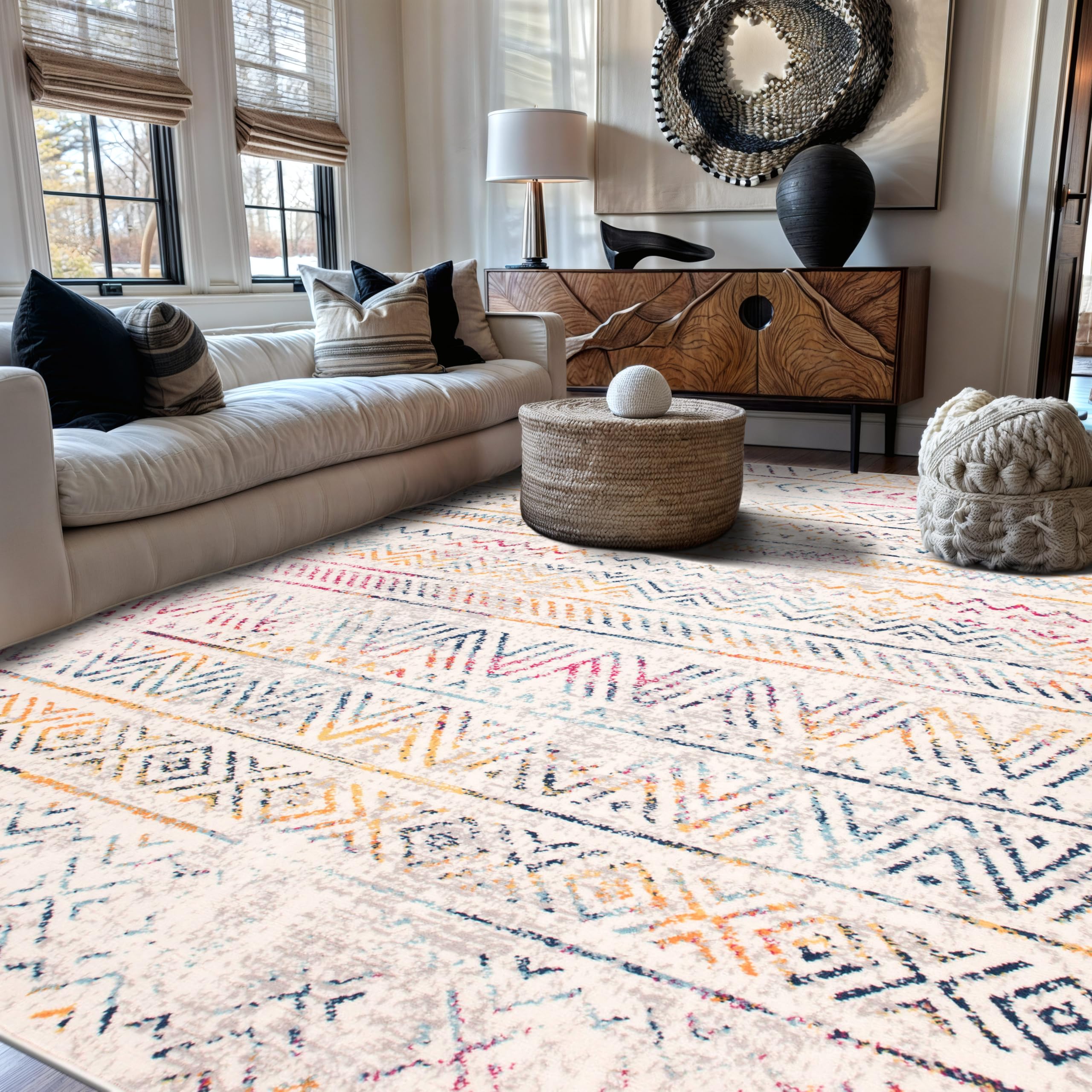 Rugshop Geometric Boho Large Area Rug – Multi Tribal Pattern, Perfect for Living Room, Dining Room, Office, 8x10