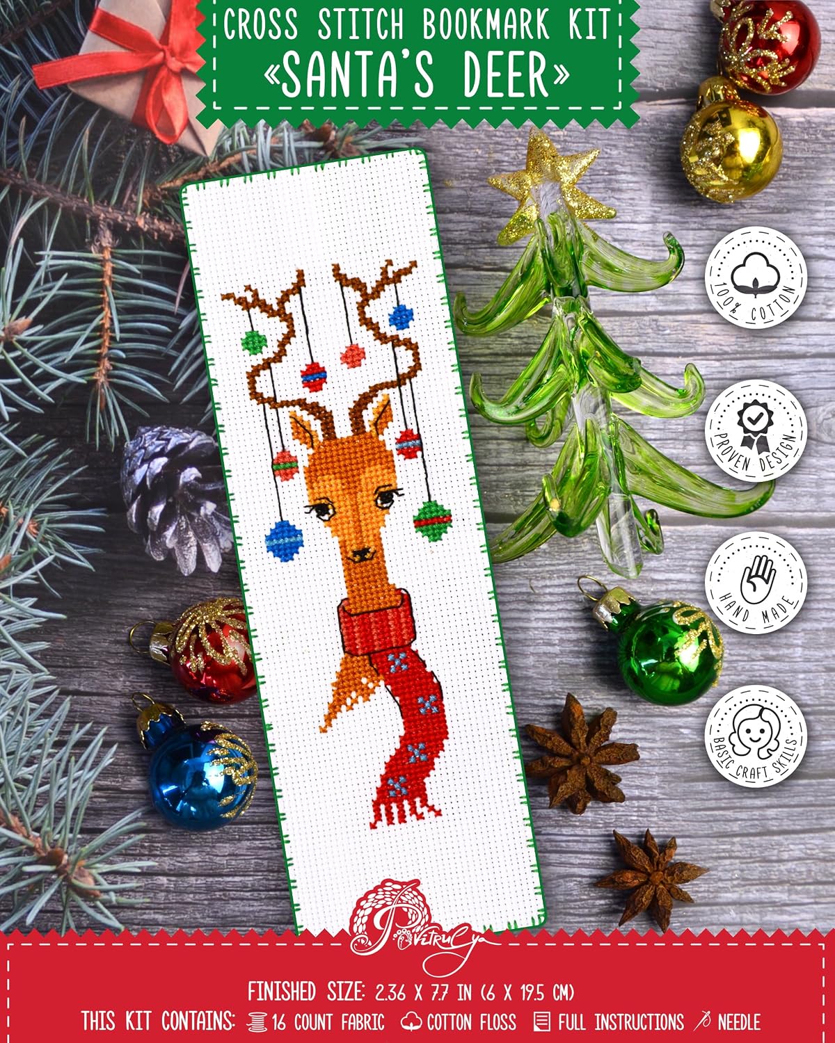 Povitrulya Santa's Reindeer - Counted Cross Stitch Bookmark Kit - DIY Embroidery Set - Hand Made Christmas Gift image 2