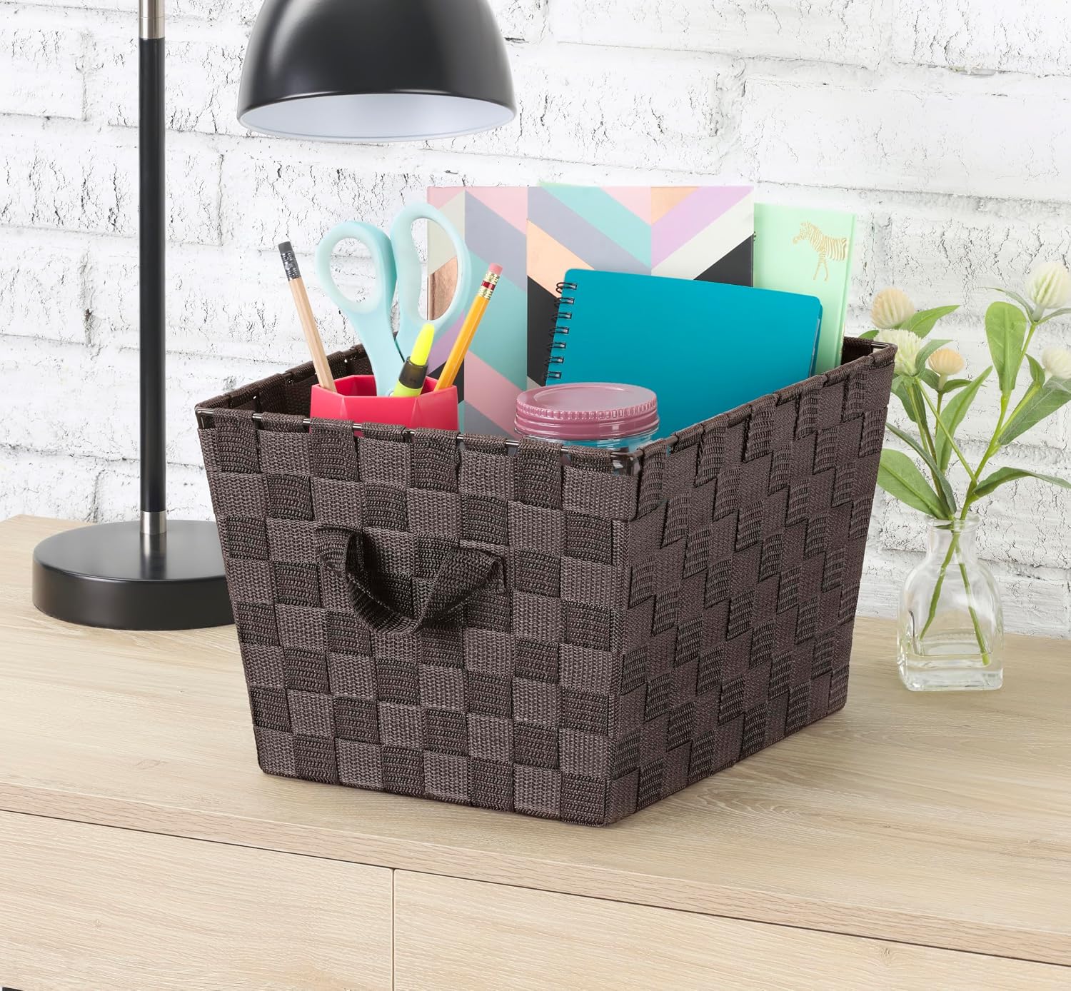 Whitmor Woven Storage Basket with Metal Frame & Handles, 10x12x8", Espresso image 2