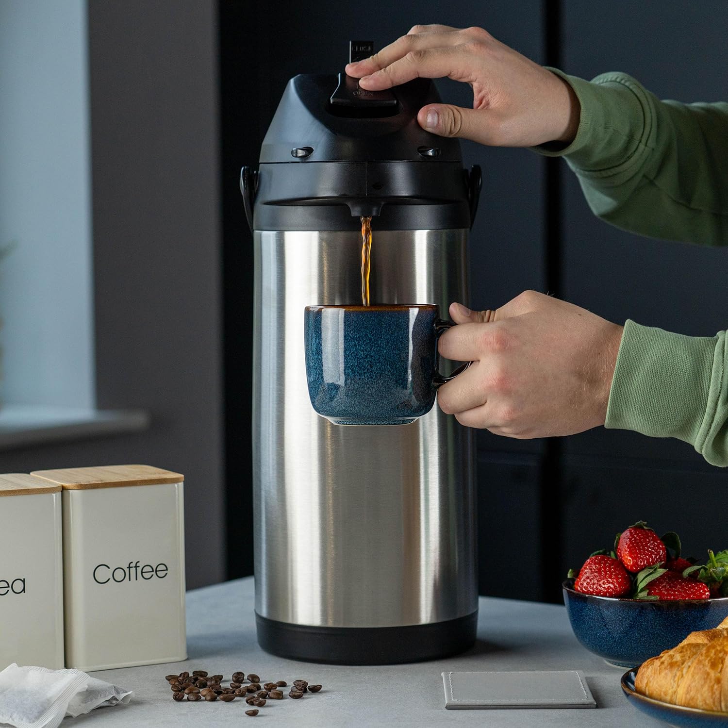 Pioneer Flasks Stainless Steel Airpot Hot Cold Water Tea Coffee Dispenser Conference Event Flask, 5 litres, SS50HC, Silver