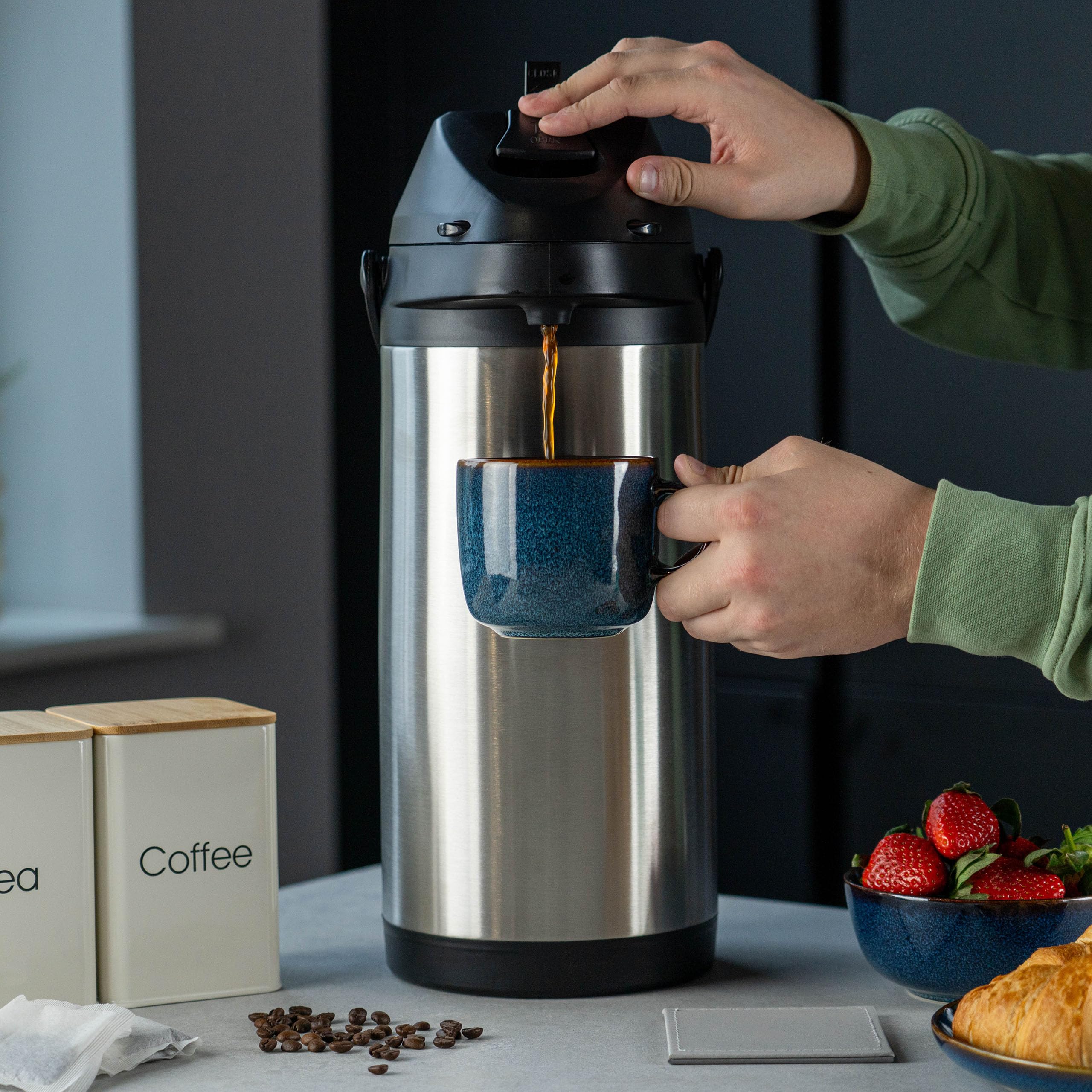 Pioneer Thermos da 5,0 litri in acciaio inossidabile con leva, flacone a tenuta stagna per bevande calde e fredde, distributore di bevande con pompa facile da usare per eventi