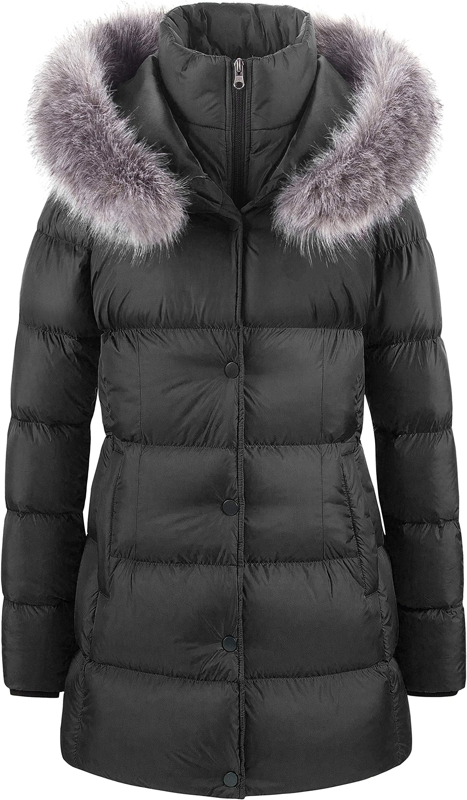 CREATMO USWomen's Winter Snow Jacket Long Fur Puffer Coat With Removable Faux Fur Trim