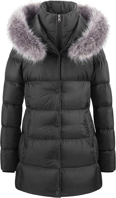 Women's Winter Snow Jacket Long Fur Puffer Coat With Removable Faux Fur Trim