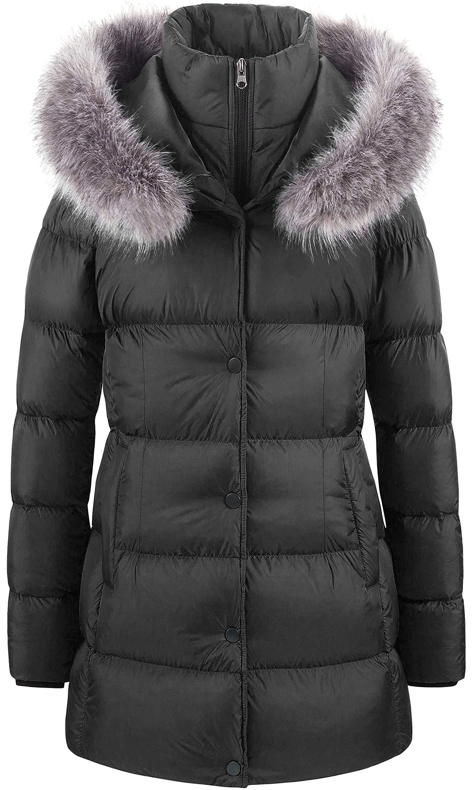 CREATMO USWomen's Winter Snow Jacket Long Fur Puffer Coat With Removable Faux Fur Trim