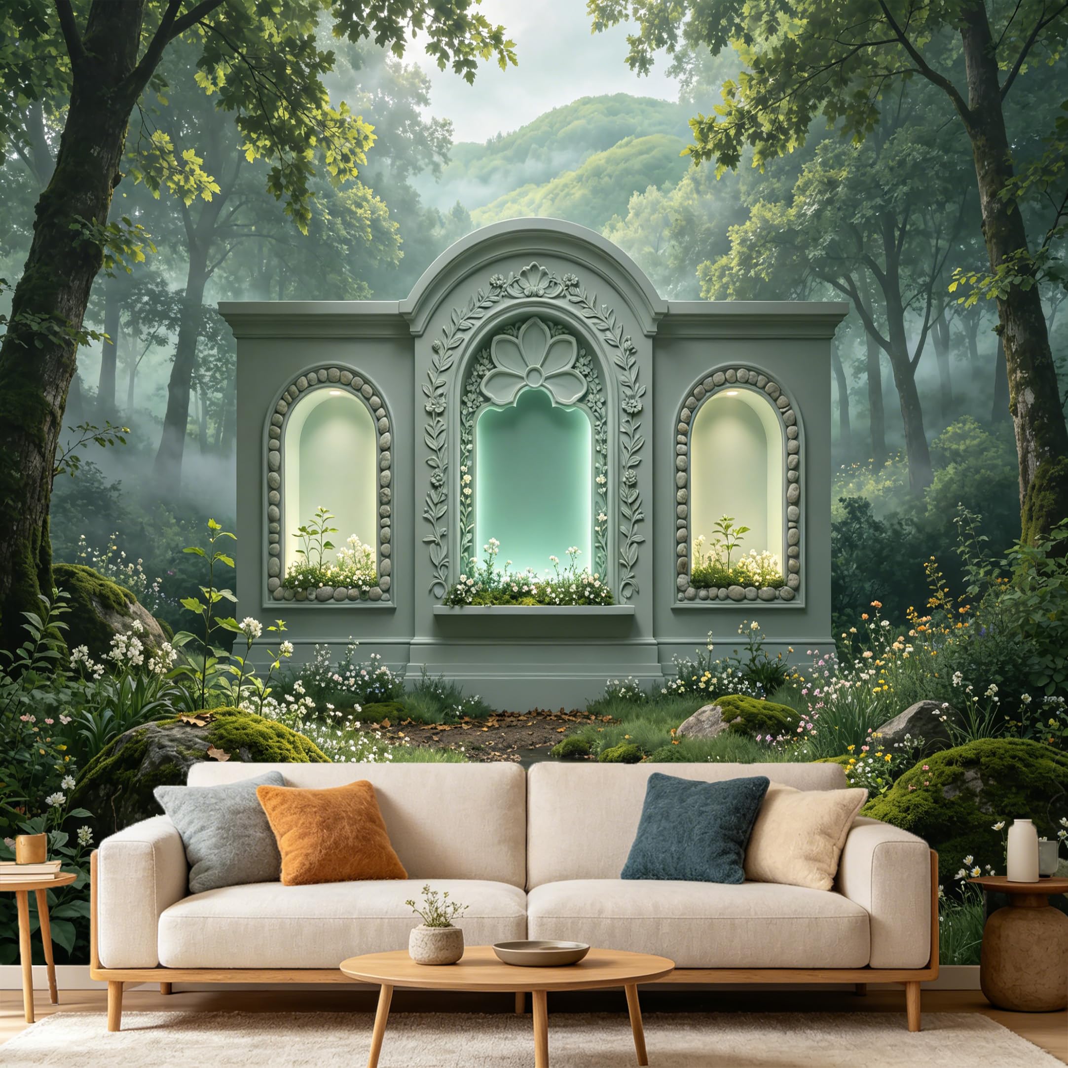 Custom Size Wall Mural， 3D Forest Archway Stone Fountain Water Stream Botanical， SelfAdhesive Art Prints wall Fabric Removable Large Wallpaper Home Living Room Decor