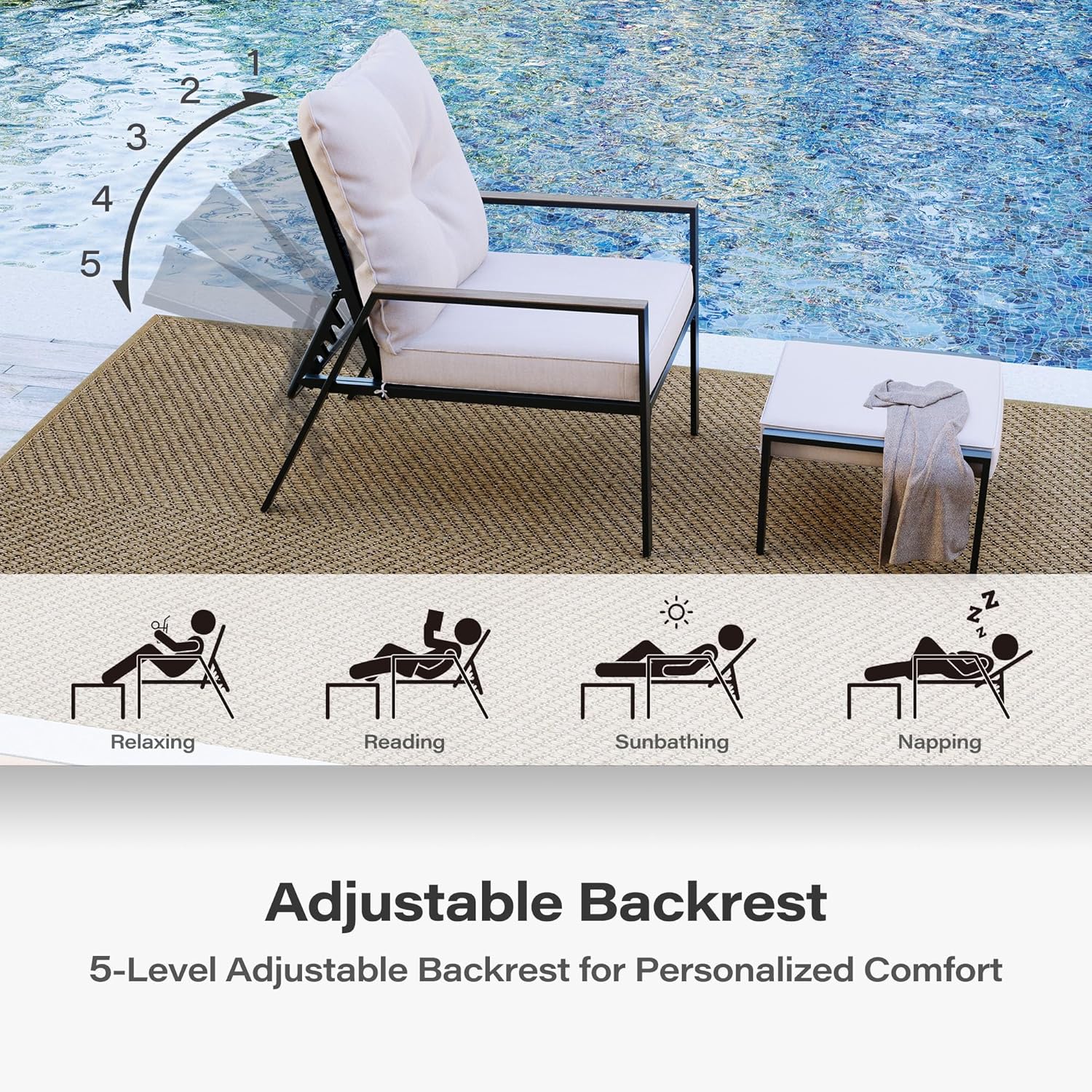 LAUSAINT HOME 5 Pieces Outdoor Patio Conversation Set with Adjustable Reclining Chairs, All Weather Patio Furniture Set with Coffee Table and Ottomans for Garden, Porch, Balcony