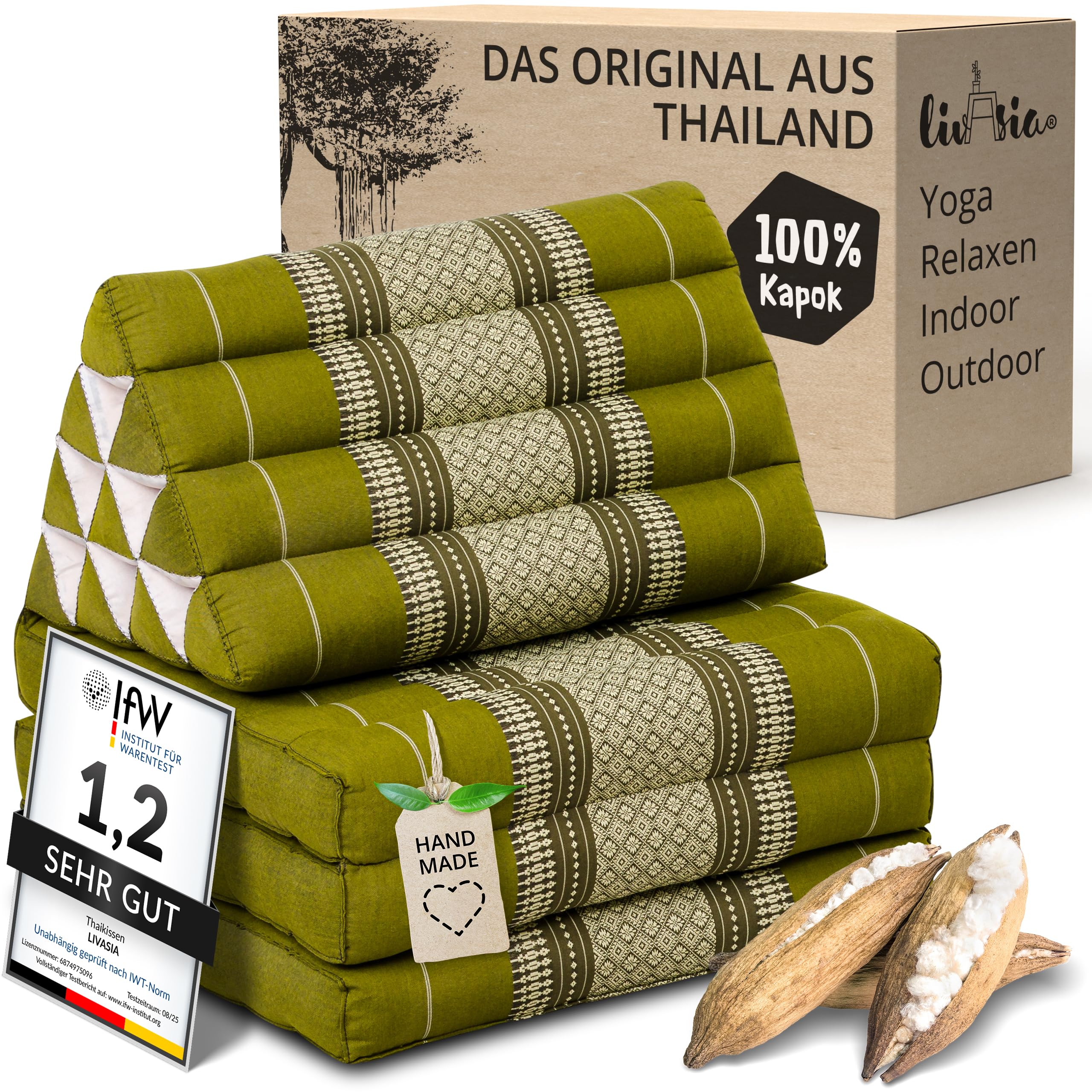livasia Thaikissen mit 3 Auflagen - 175x50x8cm - Dreieckskissen mit Klappmatratze, Keilkissen Kapok, Rückenkissen faltbar, Thaimatte zum Klappen, handgefertigt, Meditationskissen (Grün)
