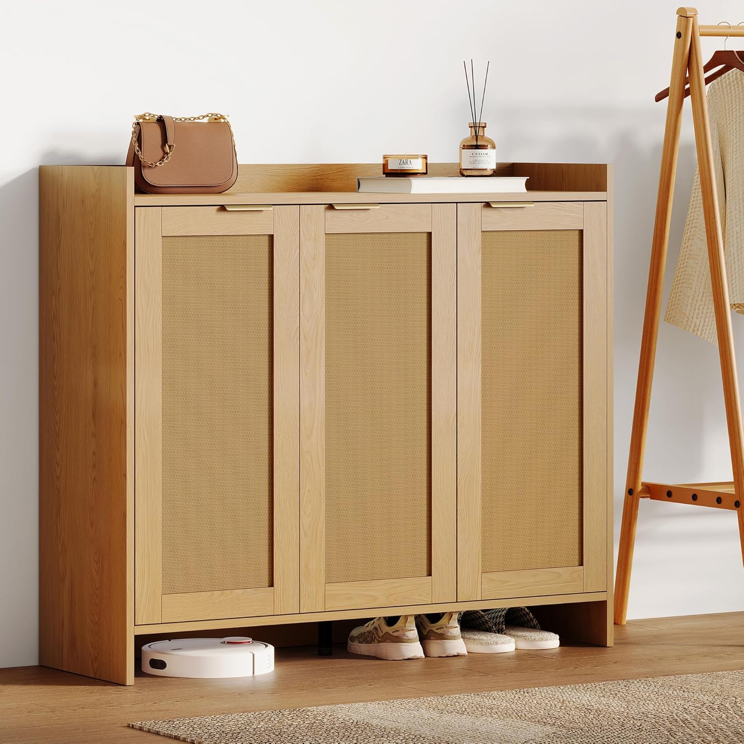 Shoe Cabinet, 41" Tall Rattan Shoe Storage Organizer Cabinet, Adjustable Shelves, 6-Tier Farmhouse Boho Wooden Storage Cabinet for Entryway Hallway Closet Bedroom,Lightoak