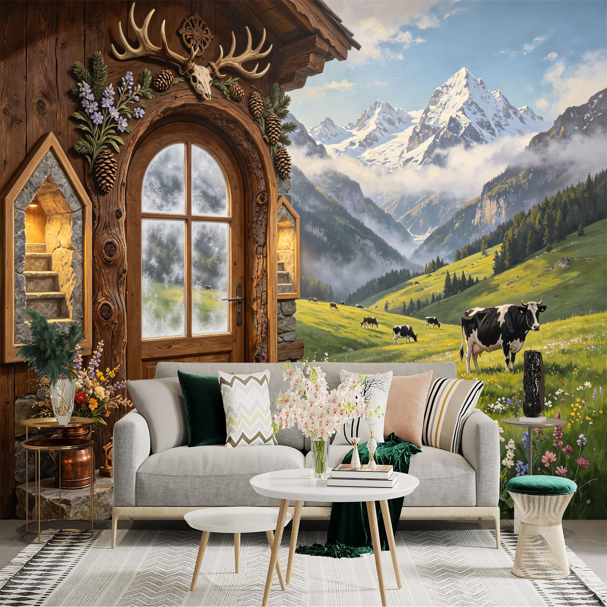 Custom Size Wall Sticker Mural， Rustic Cabin Door， Alpine Meadow， Snowy Mountains and Cows， for wall Decoration， peelandstick wall Decals.