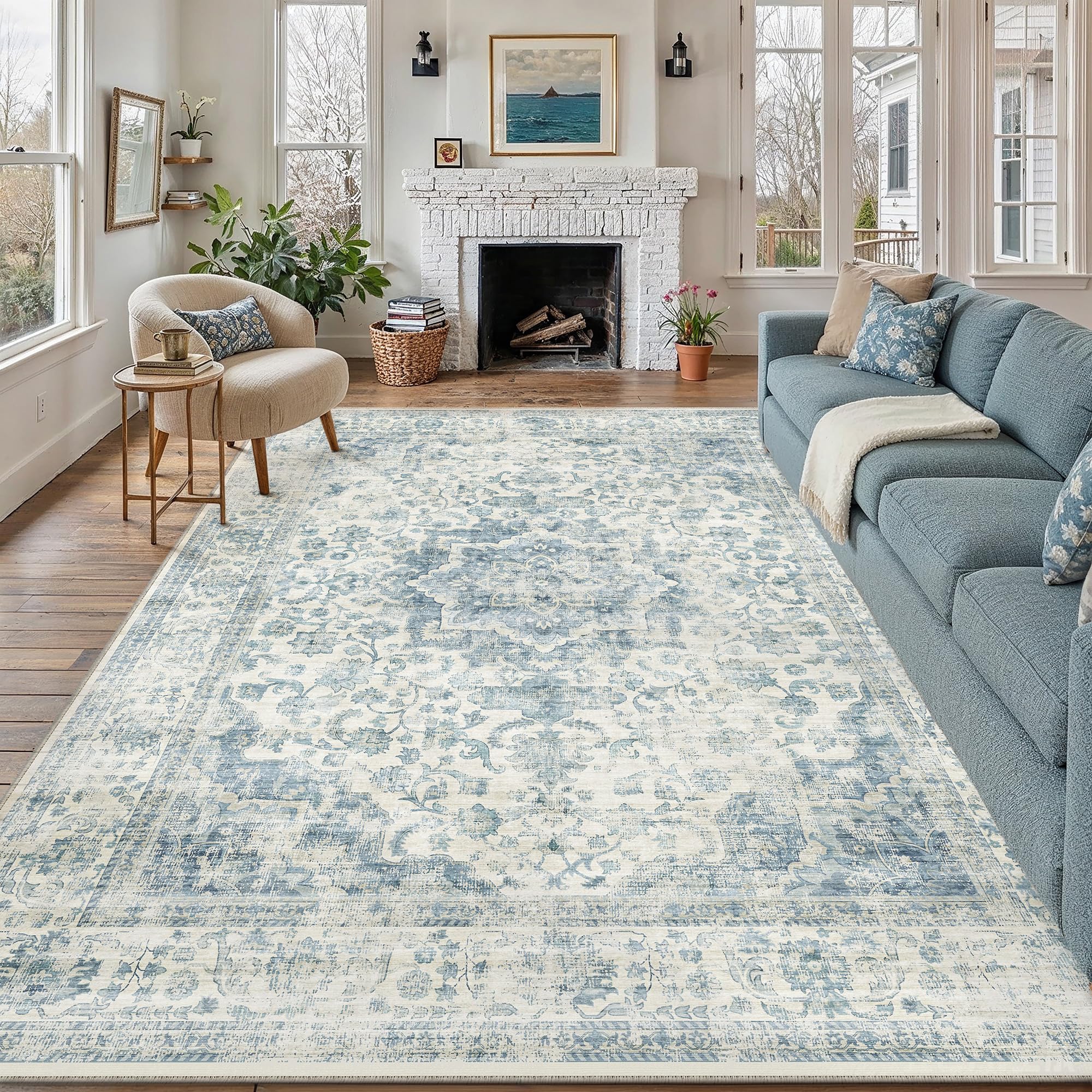PureCozy Vintage Rugs Living Room 200x300cm Blue Machine Washable