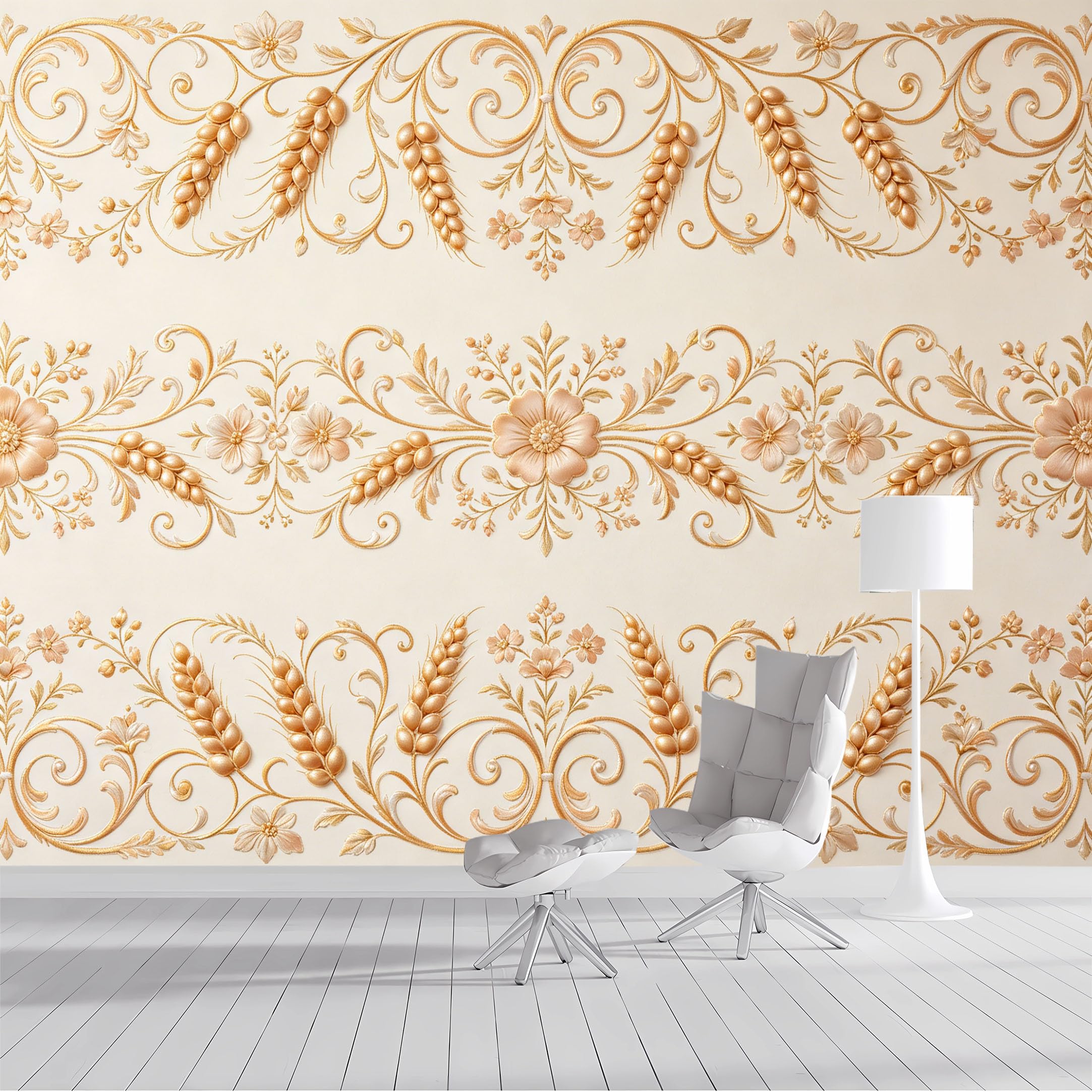 Custom Size Wall Mural Golden Wheat Floral Vintage Baroque Pattern SelfAdhesive Wall Fabric Removable Peel and Stick Wallpaper Wall Decor for Living Room Bedroom Bathroom