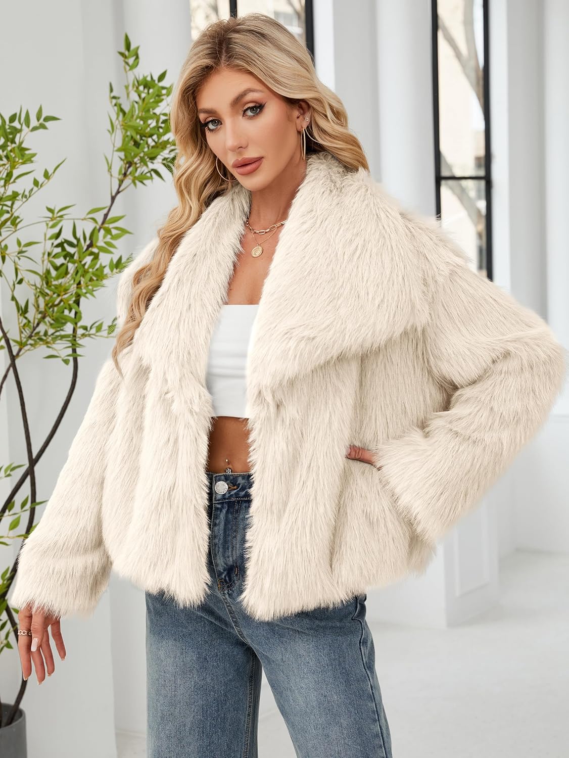 Simplee Womens Faux Fur Coat Long Sleeve Fluffy Lapel Shaggy Jacket Winter Casual Warm Fuzzy Short Outerwear - Image 3
