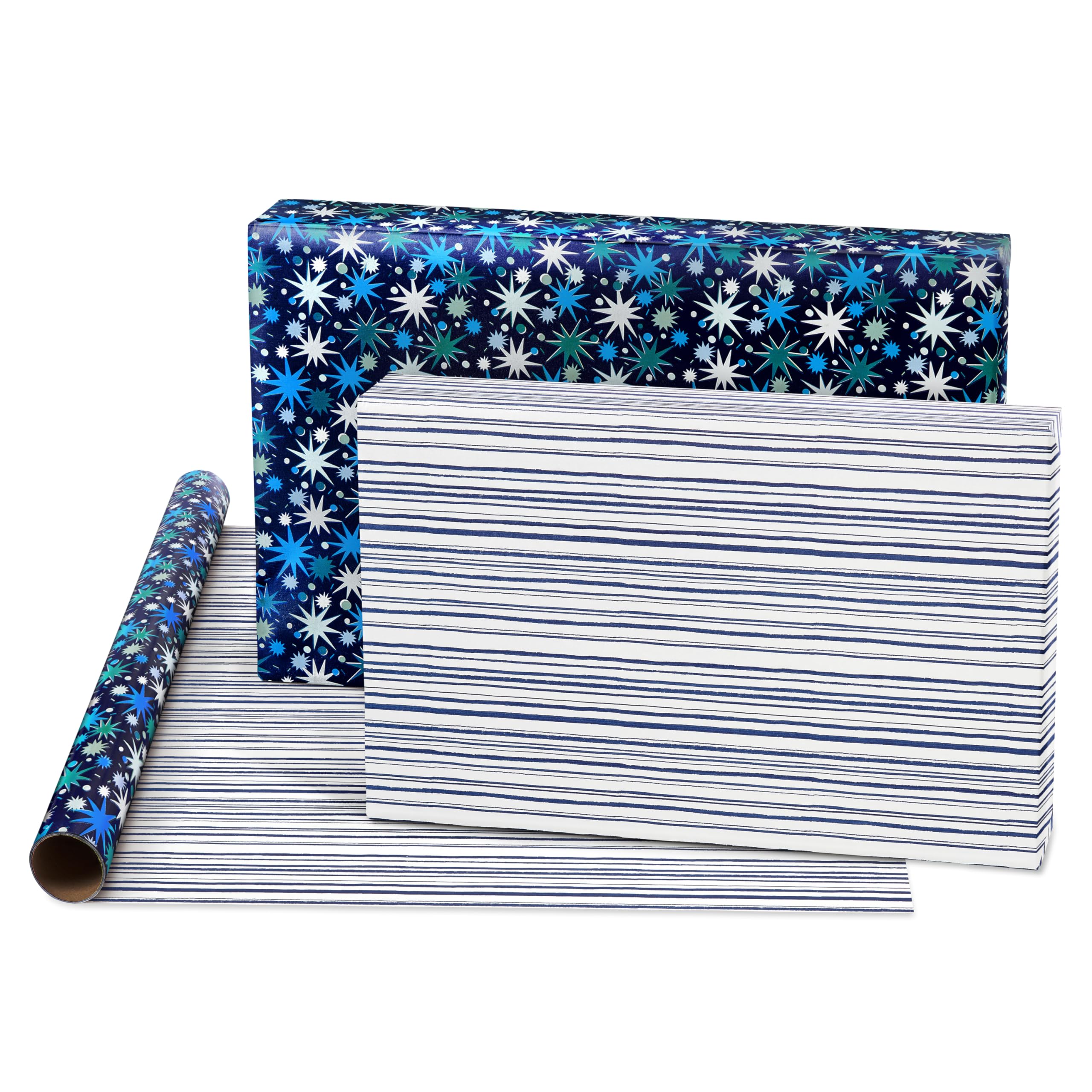 American Greetings Dwustronne opakowanie na prezent, zestaw papieru do pakowania prezentów na urodziny, baby shower i każdą okazję, balony, niebieskie kropki i krata (4 rolki, 76 cm x 4,9 m)