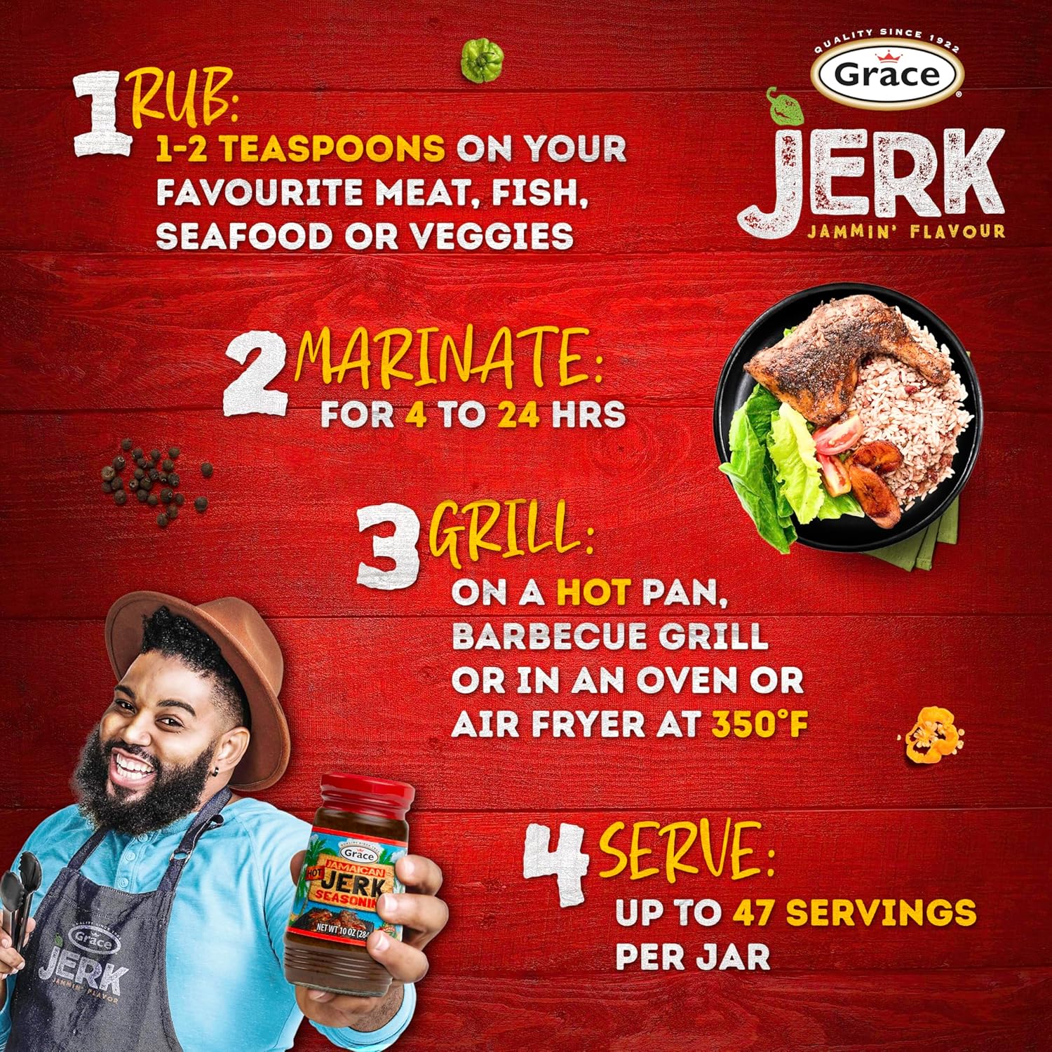 Grace Jamaican Hot Jerk Seasoning (Two 10 Oz Jars) - Hot Jerk Jamaican Style - Caribbean Seasoning Mix for Chicken & Oxtail