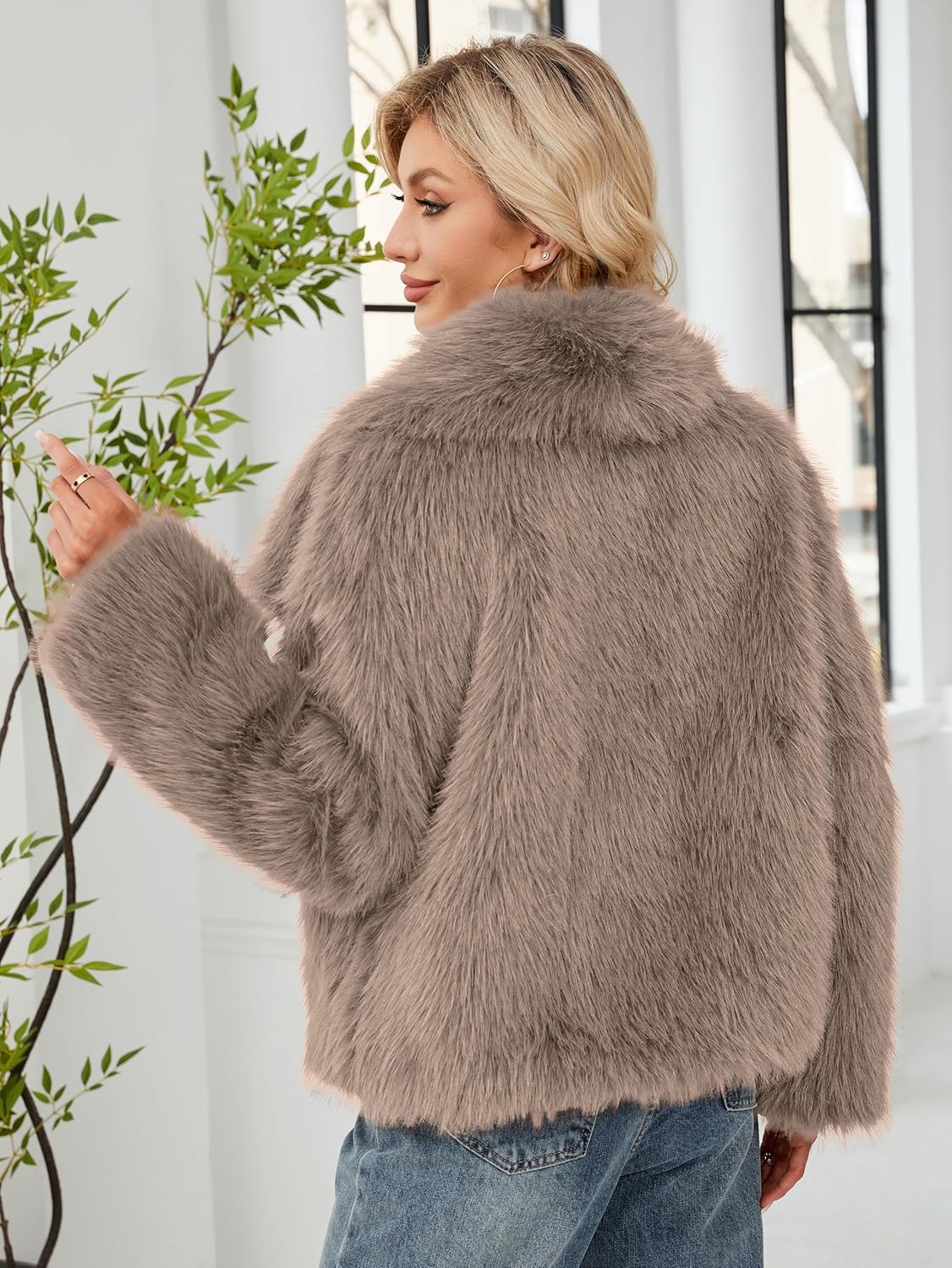 Simplee Womens Faux Fur Coat Long Sleeve Fluffy Lapel Shaggy Jacket Winter Casual Warm Fuzzy Short Outerwear - Image 5