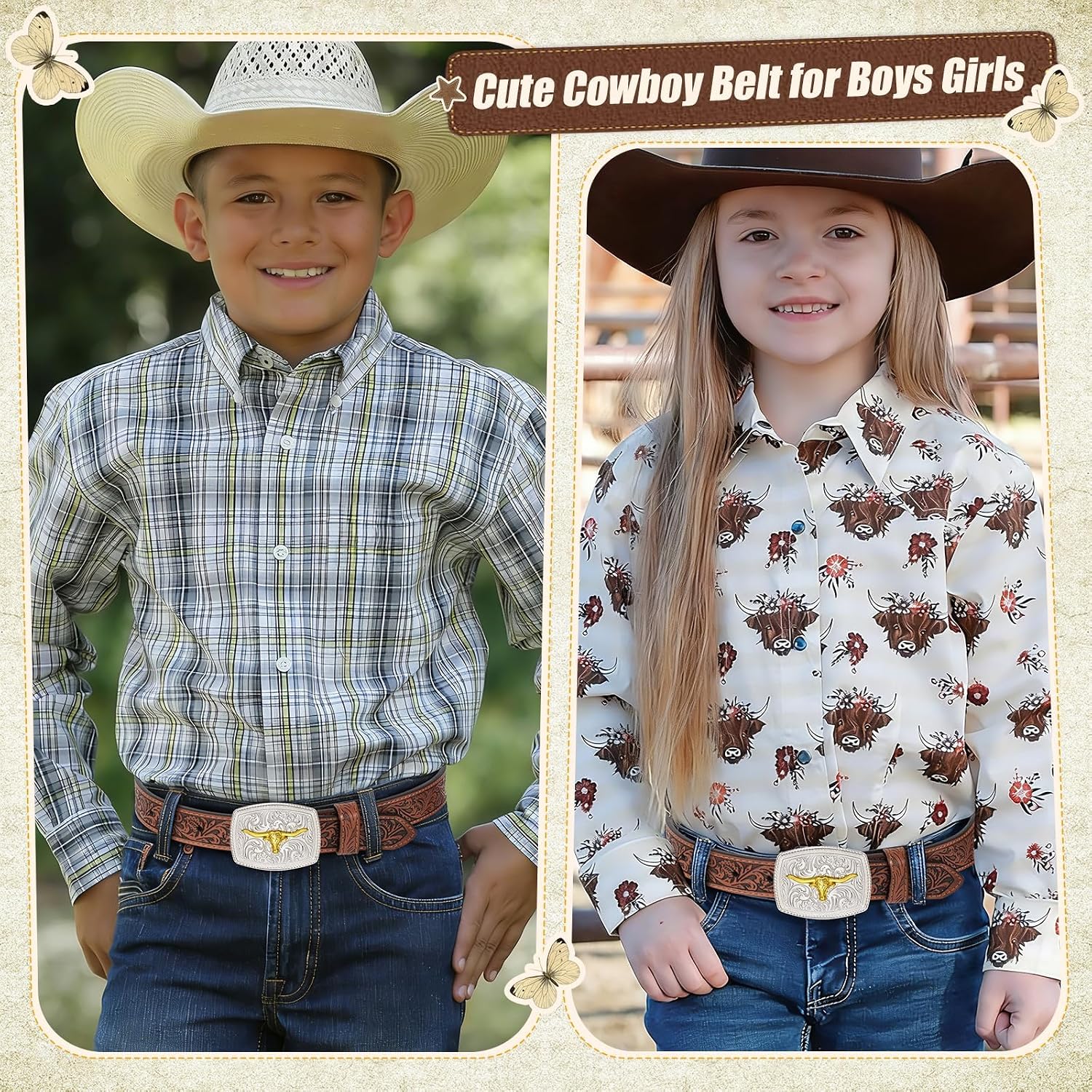 Kids Western Belt, Boys Girls Cowboy Belt for Kids with Detachable Square Buckle and Genuine Leather for Jeans Gifts