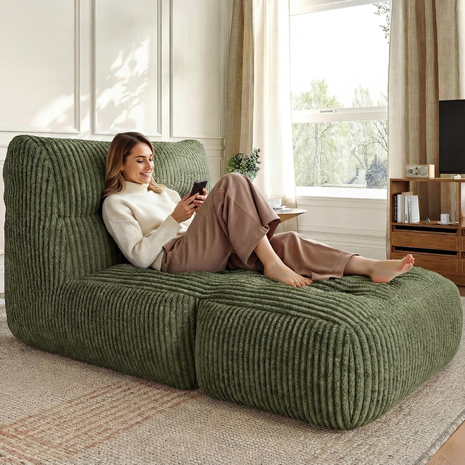 Bean Bag Chair,Giant Bean Bag Chairs for Adults 31.49" H with Foldable Ottoman for Living Room, Bedroom or Balcony,Big Lounge Chair with Memory Foam Filled,Lazy Floor Sofa,Plush,Comfy,Green