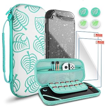 TIKOdirect Carrying Case for Switch 2, Shockproof Portable Travel Bag with Glitter Galaxy case, Screen Protectors and Cute Leaf Thumb Grips Caps, Green Kit