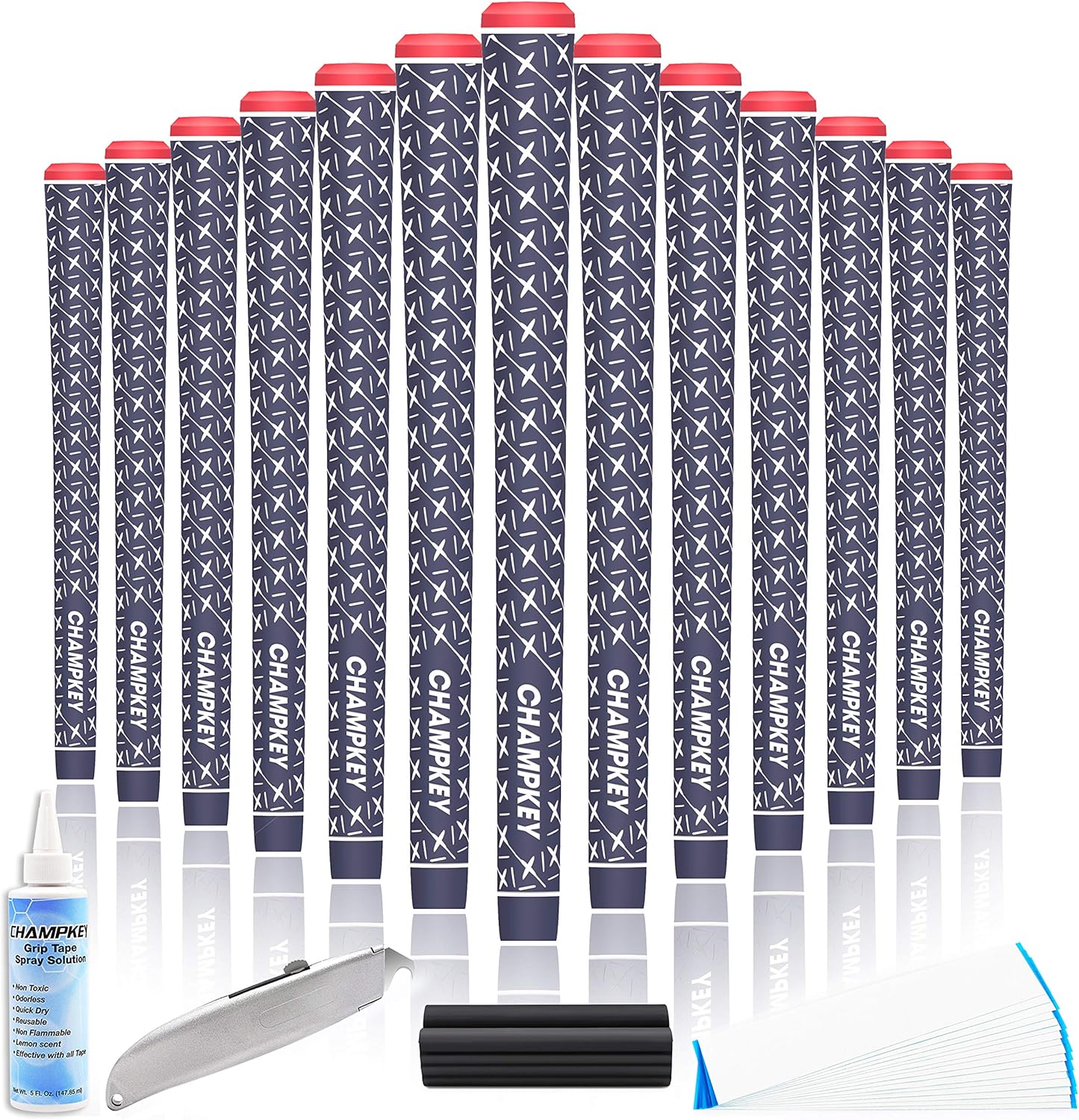 CHAMPKEY X Rubber Golf Grips 13 Pack - All Weather Performance with 15 Tapes and Repair Kits