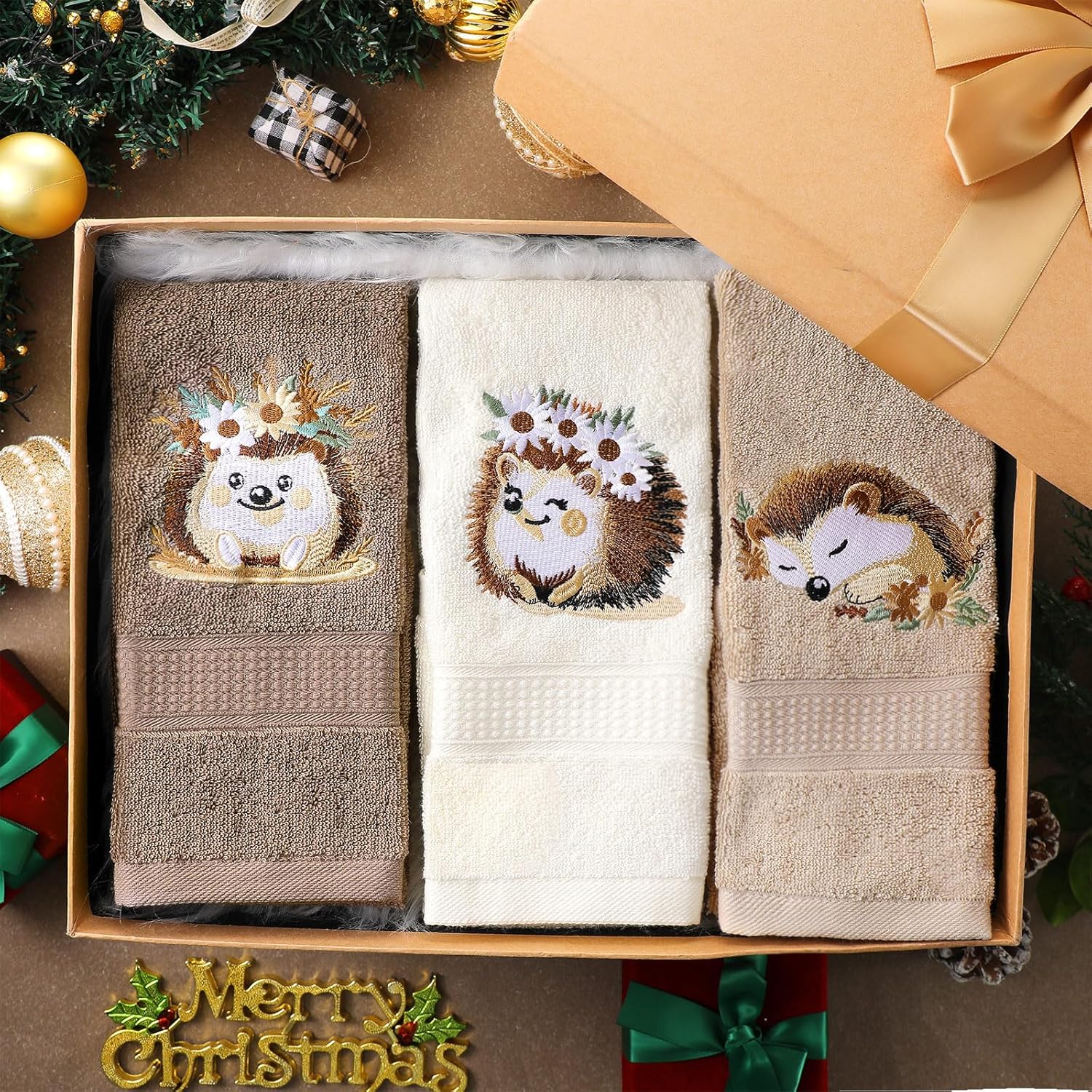 3 Pcs Hedgehog Floral Hand Towels Bathroom Decor Cute Hedgehog Gifts Decorative Farmhouse 100% Cotton Embroidered Hand Towels for Women Bathroom Kitchen 13. 3'' x 29. 5'' - Image 6
