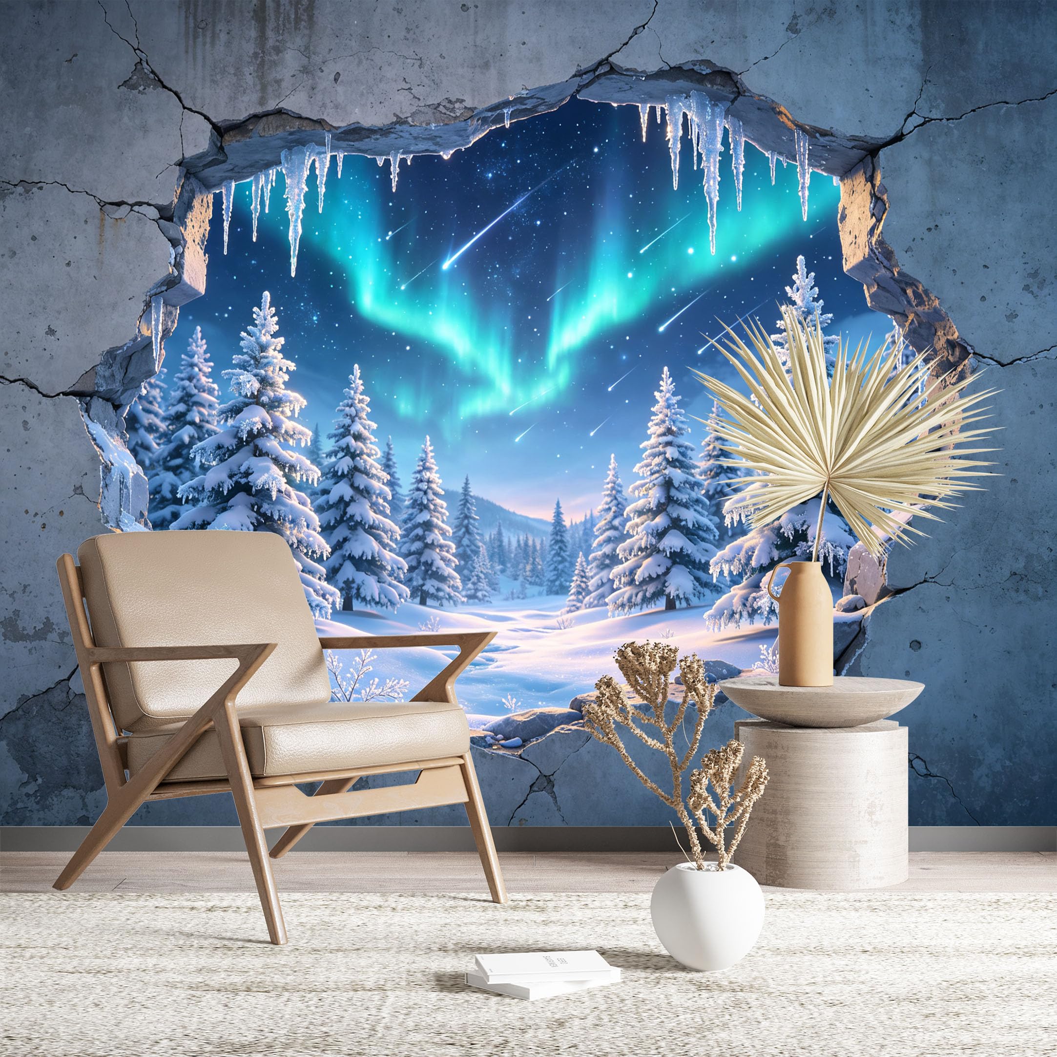Custom Size Wall Murals Northern Lights Through Cracked Wall HD Self-Adhesive Wall Fabric (NO PVC) Removable Wallpaper for Living Room Bedroom