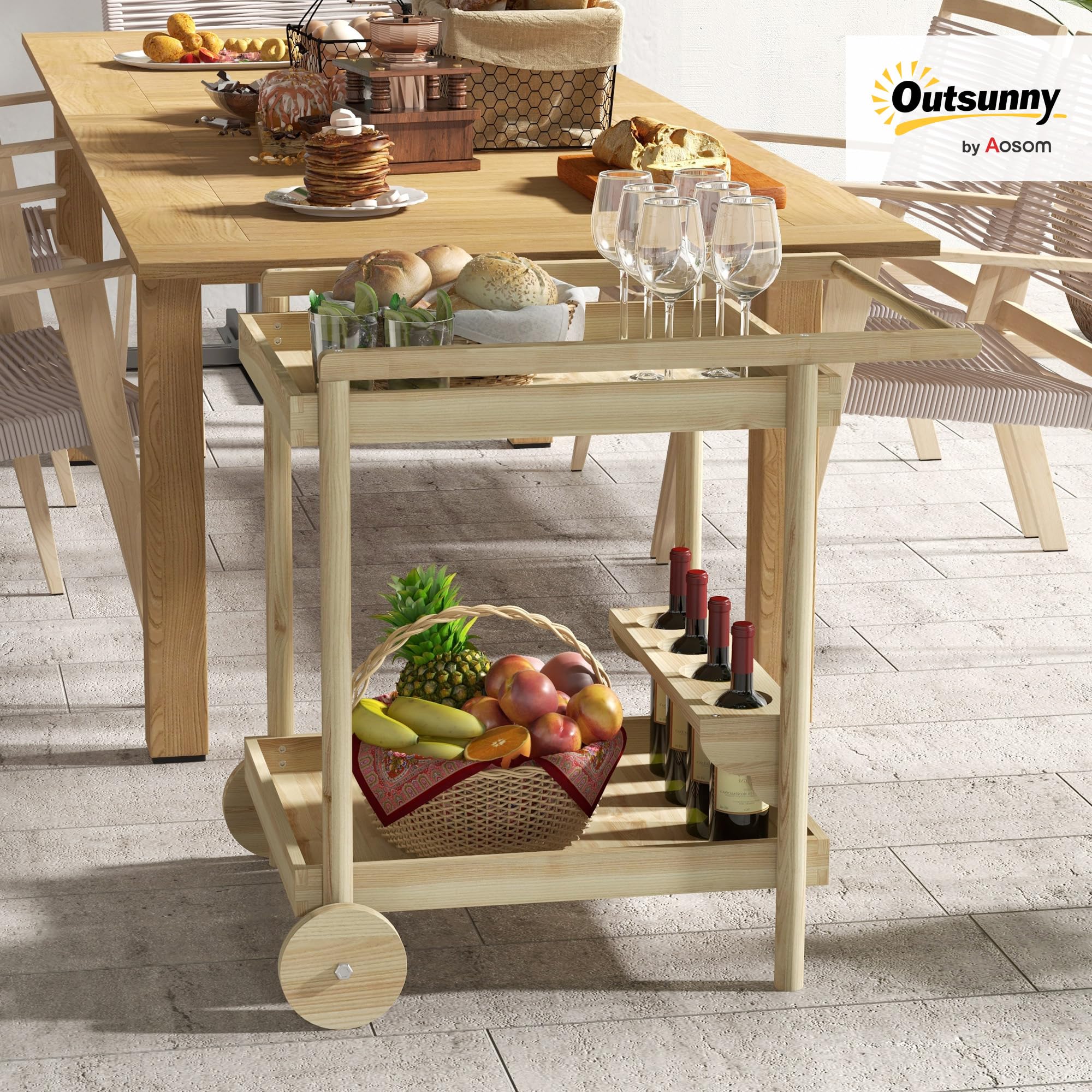 Outsunny Camarera con Ruedas de Madera Carro de Servicio con 2 Estantes 4 Portavasos y Mango para Jardín Terraza Patio 78x58,5x75 cm Natural