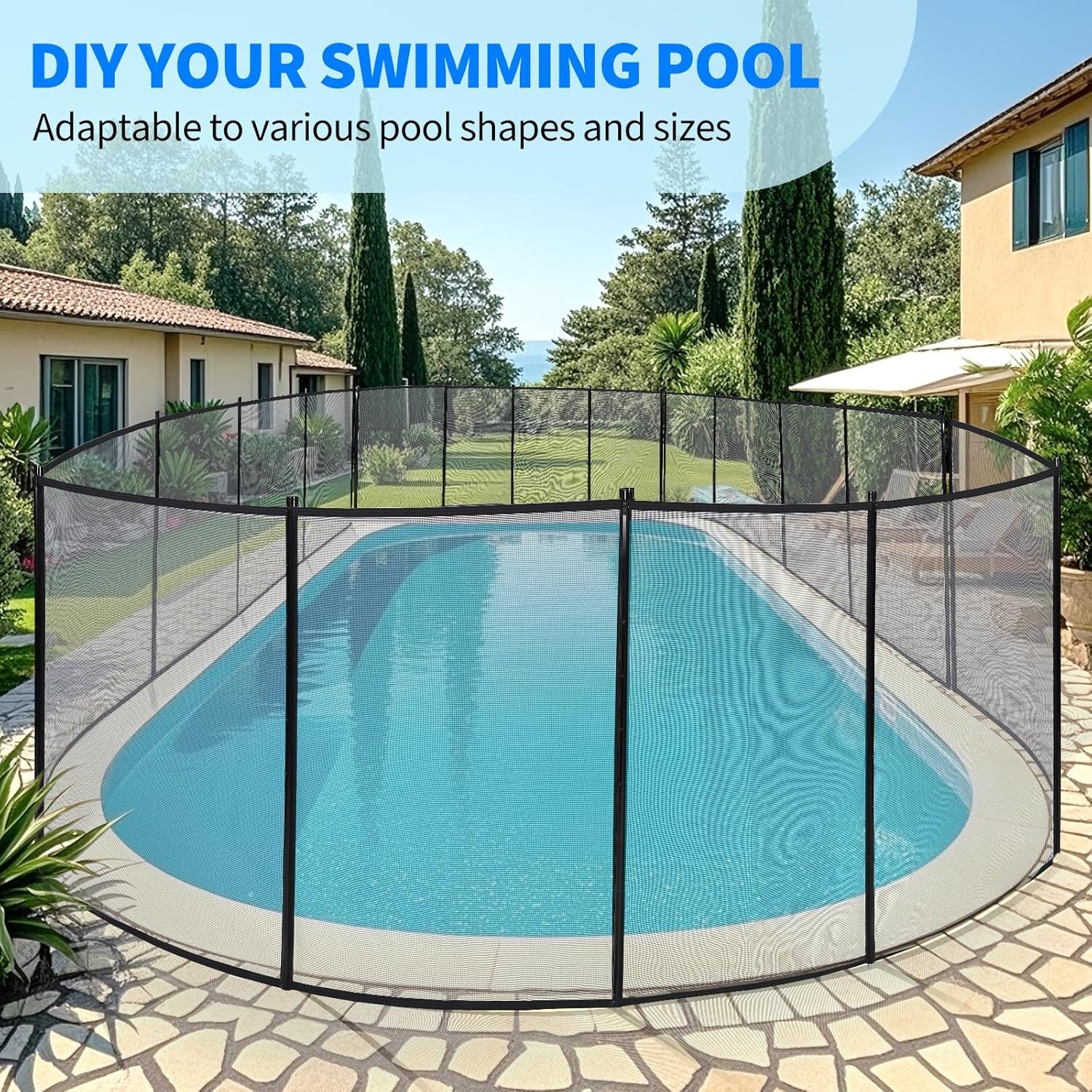 Swimming Pool Fence 4Ft x 108Ft, Ground Safety Fencing with Gate, Removable Safety Barrier for Swimming Pools, 320GSM Tear-Resistant Mesh, Easy DIY Installation, Black
