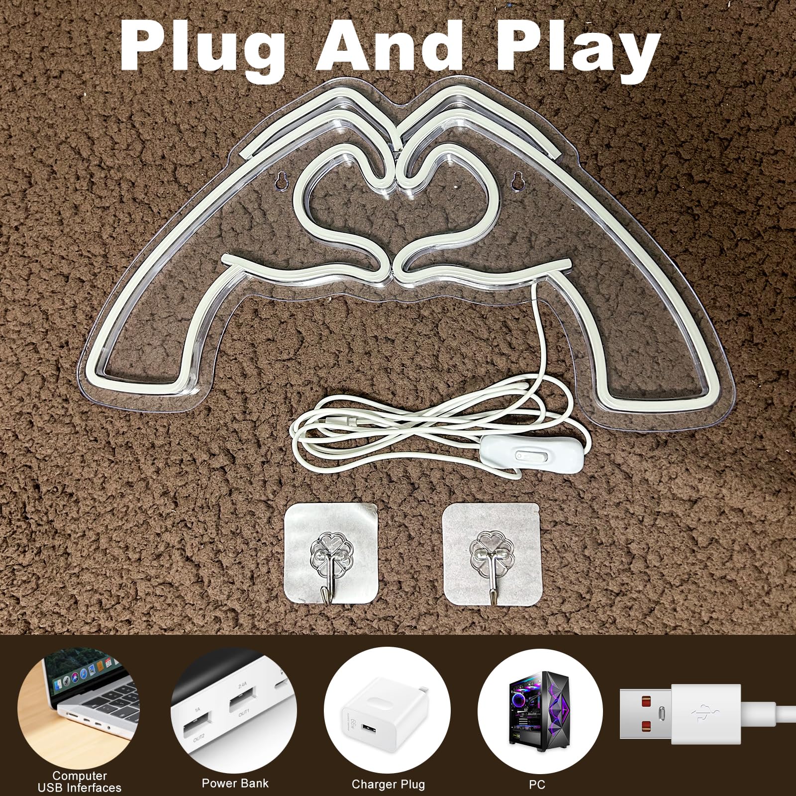 Neonschild mit Herz-Händen, rosa Raumdekoration, Licht mit Dimmer und USB, LED-Wandkunst für Musikliebhaber, Schlafzimmer, Spielzimmer, Bar, Party, Hochzeit, Geburtstag,