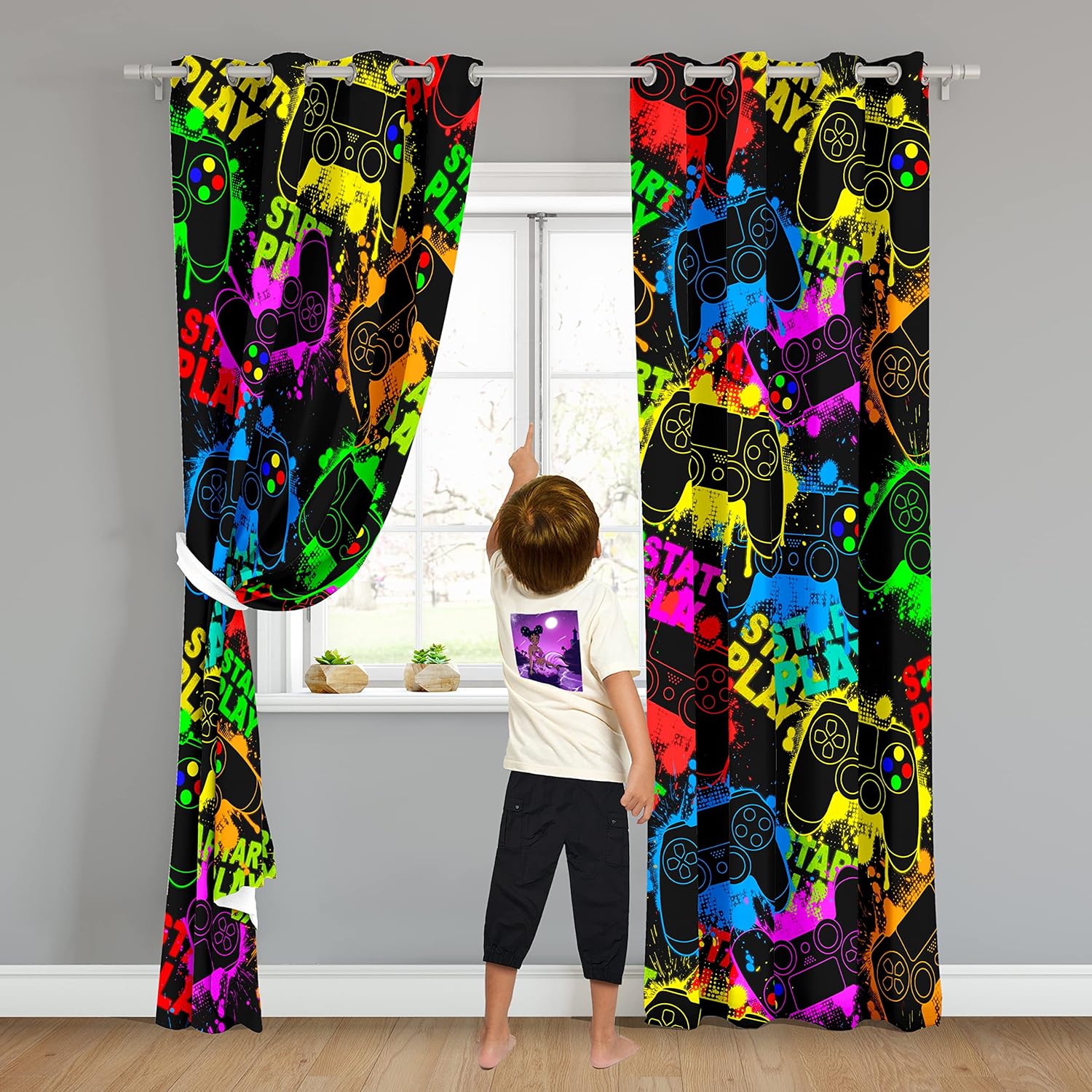BATATADOCE Gaming Curtains for Boys Bedroom - Colorful Gaming Curtains for Bedroom Gamer Window Treatments Kids Playing Video Game Window Treatments for Room,82 in X 84 in,2 Window Curtain Panels