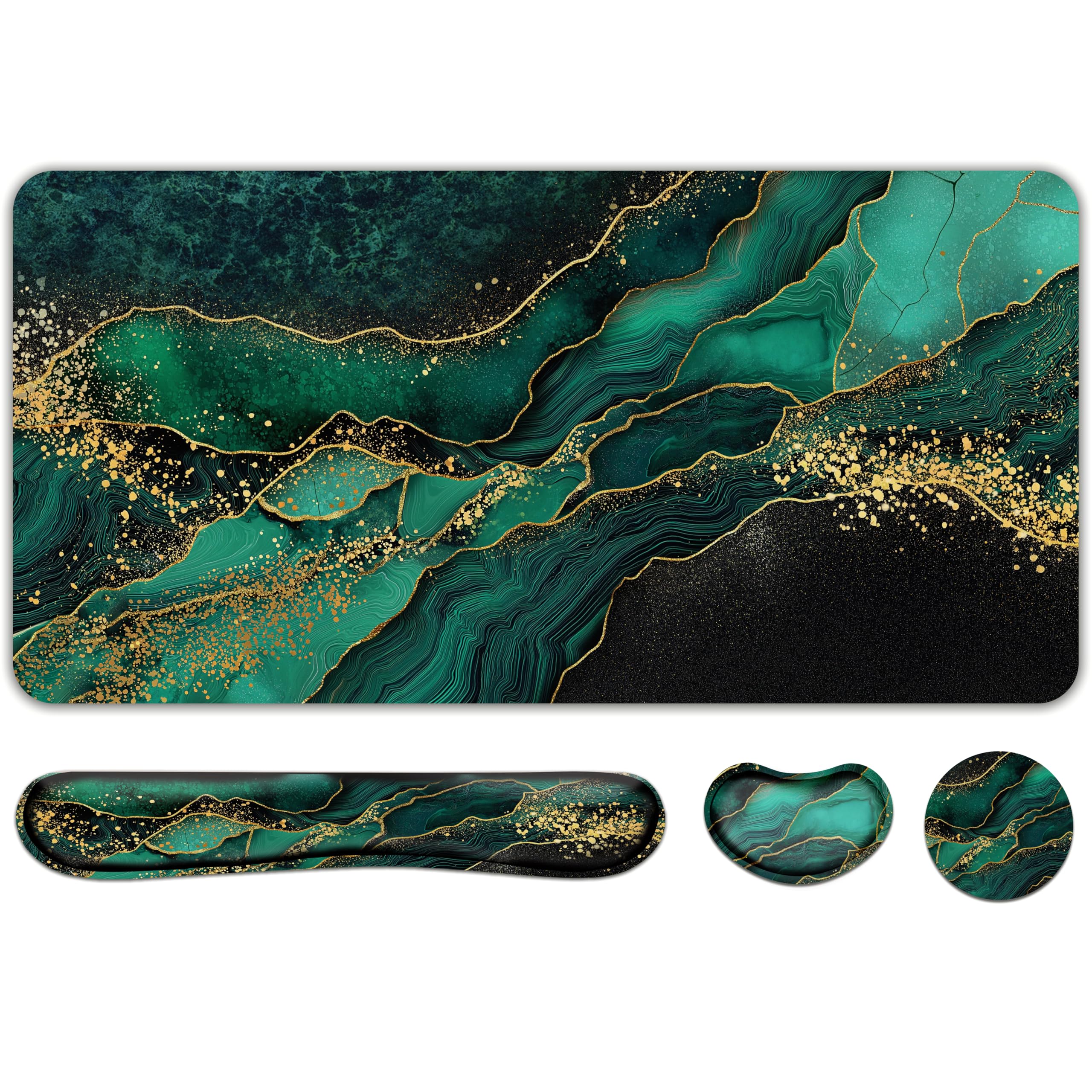 Doodlream 4-in-1 Desk Pad, Green Marble Theme, Desk Mat with Mouse Keyboard Wrist Support and Coaster, Ergonomic Design for Home Office Laptop Computer Desk Accessories