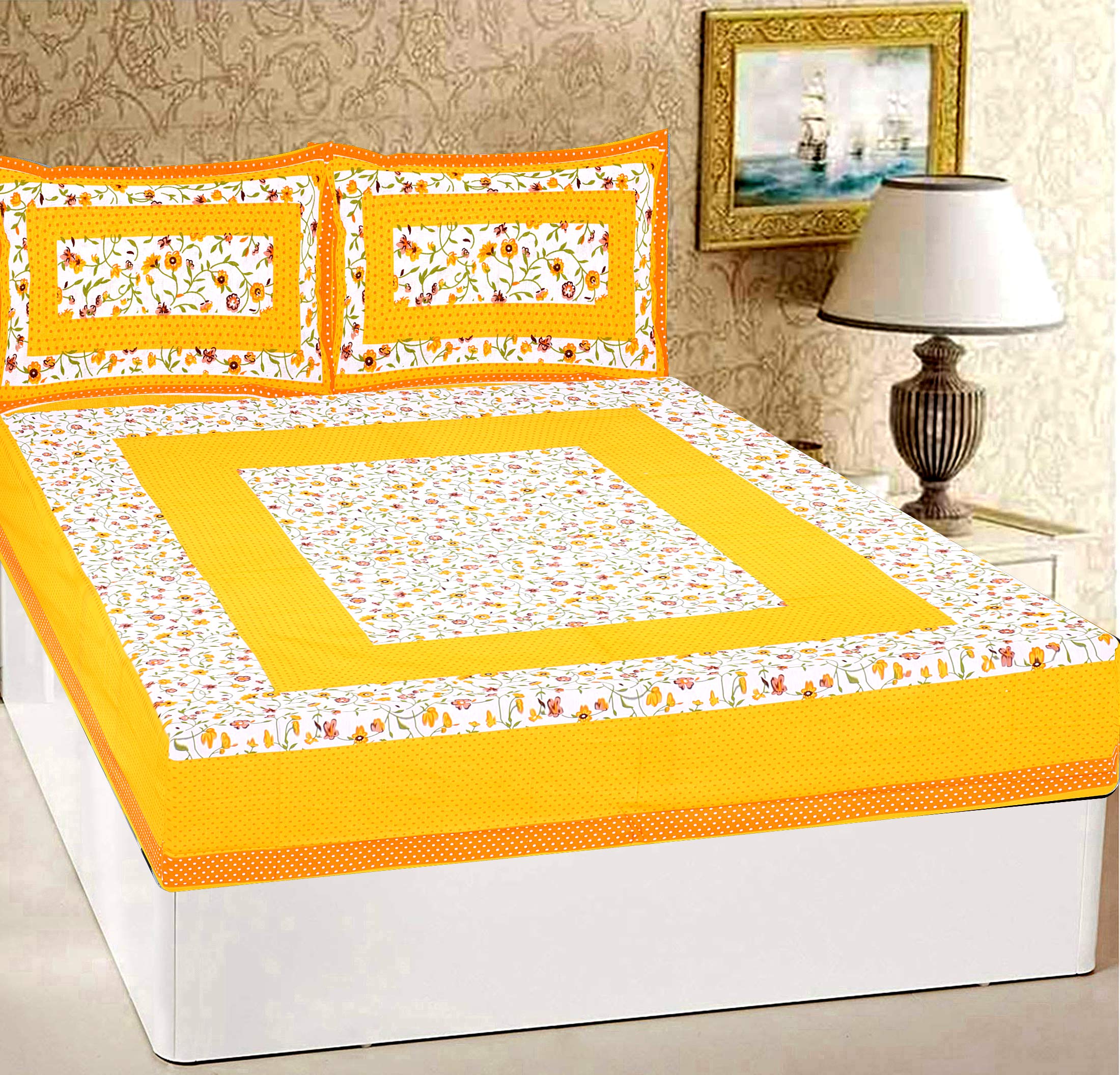 RajasthaniKart® Pure 100% Cotton Double Bed Sheet with 2 Pillow Covers (Bedsheet for Double Bed Cotton, Yellow Bindiya Jaipuri, King Size,5217)