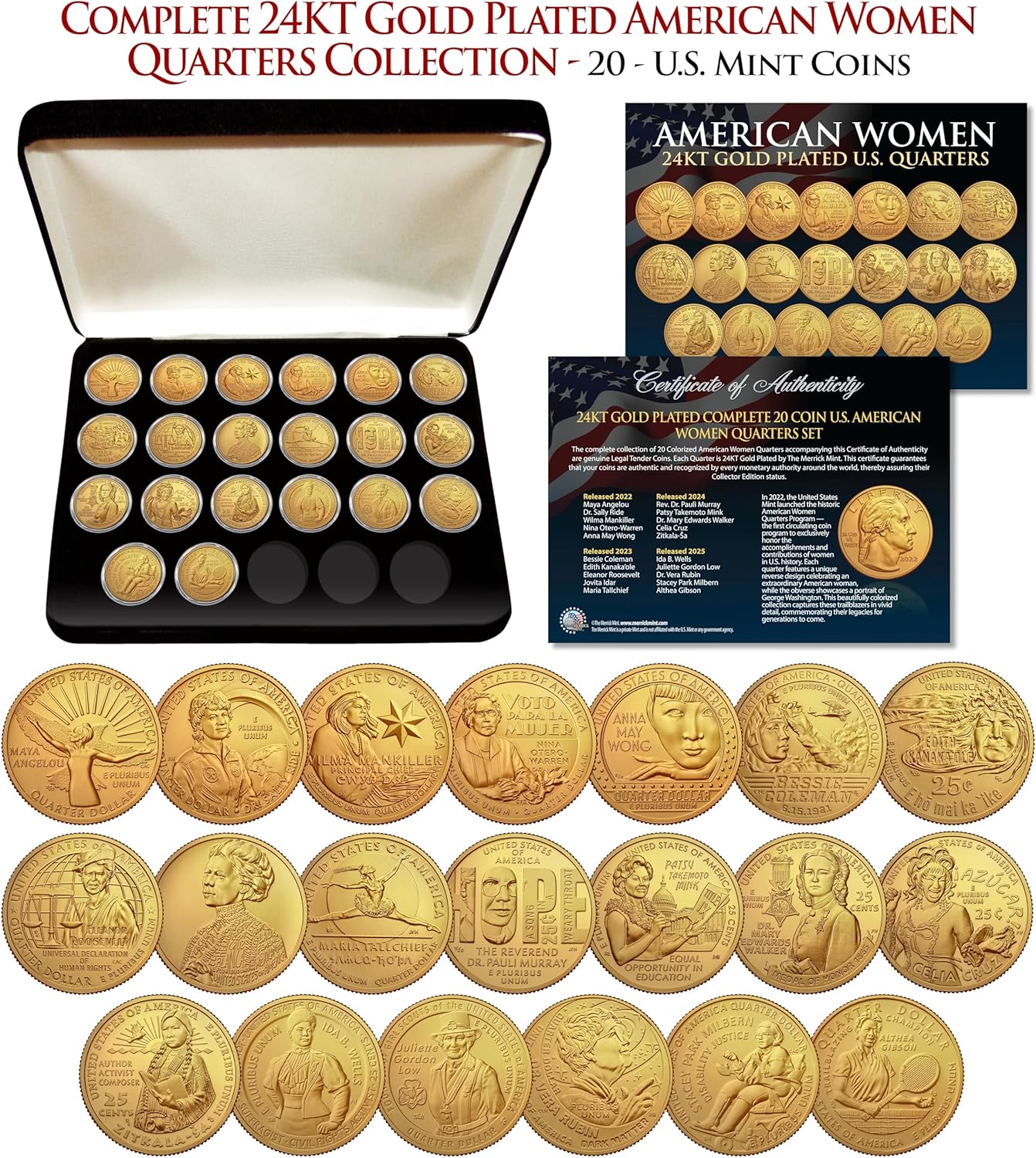 Complete 20-Coin U.S. American Women Quarters Gold Collection – Includes All 20 Official Women Quarters (2022-2025) – Deluxe Display Box & Certificate
