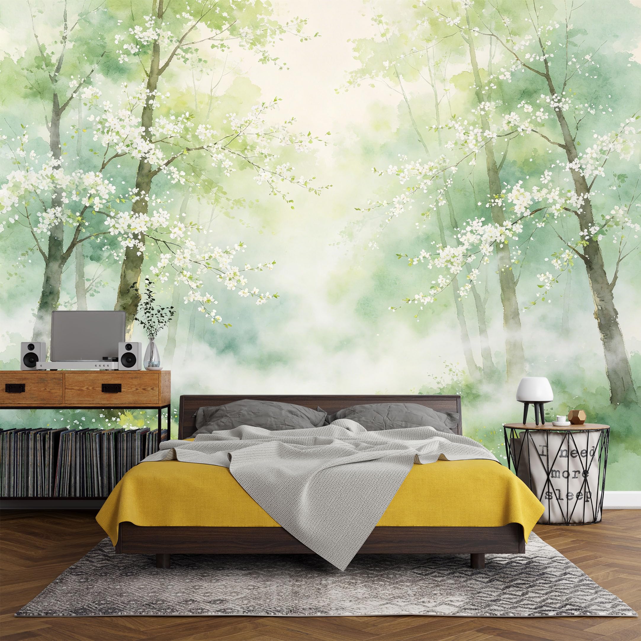 Custom Size Wall Mural， Watercolor Forest Mist Green Trees Blossom Landscape Botanical Style，SelfAdhesive Art Prints wall Fabric (No PVC) Removable Wallpaper Living Room Decor